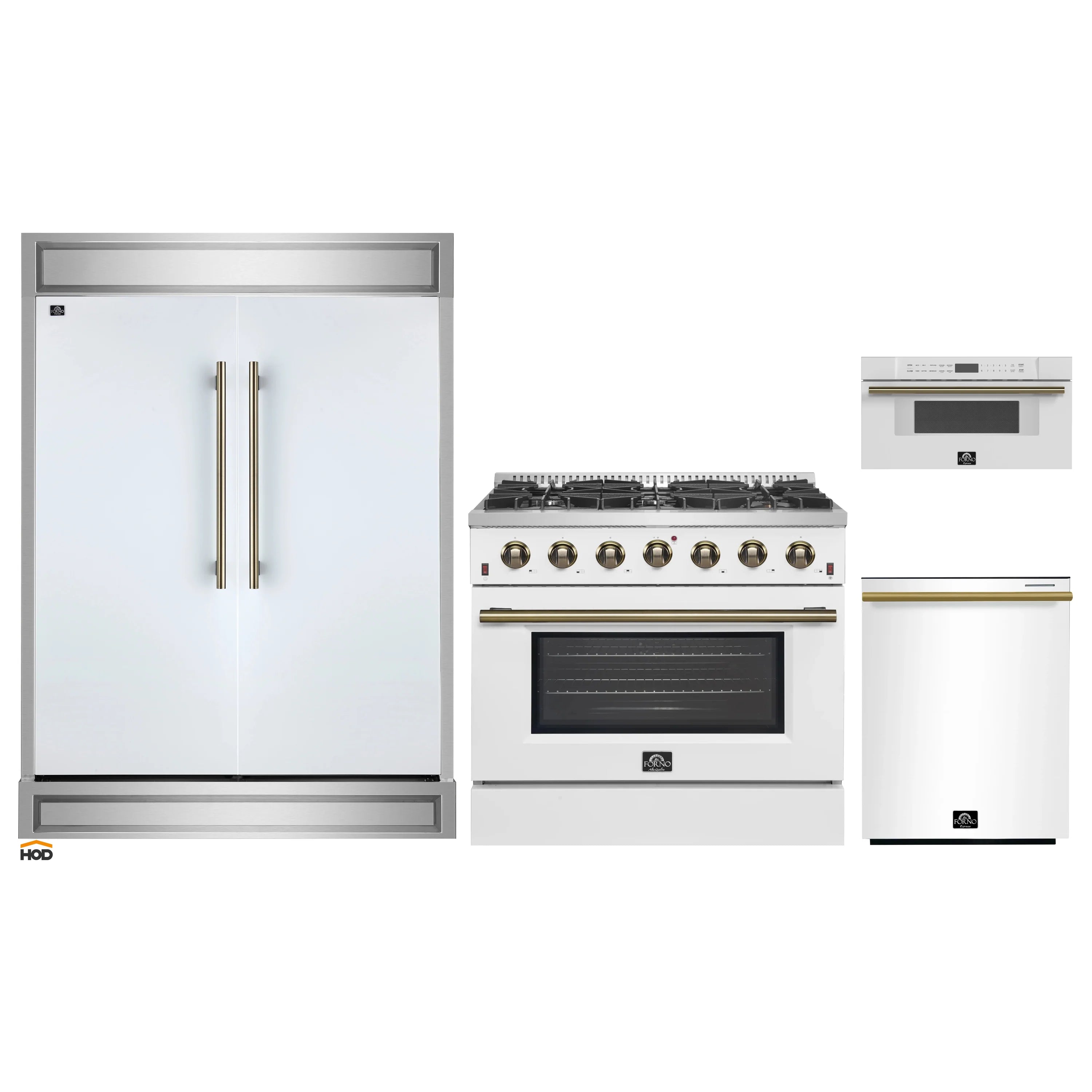 White 4-piece appliance set: refrigerator, gas range, dishwasher, microwave drawer