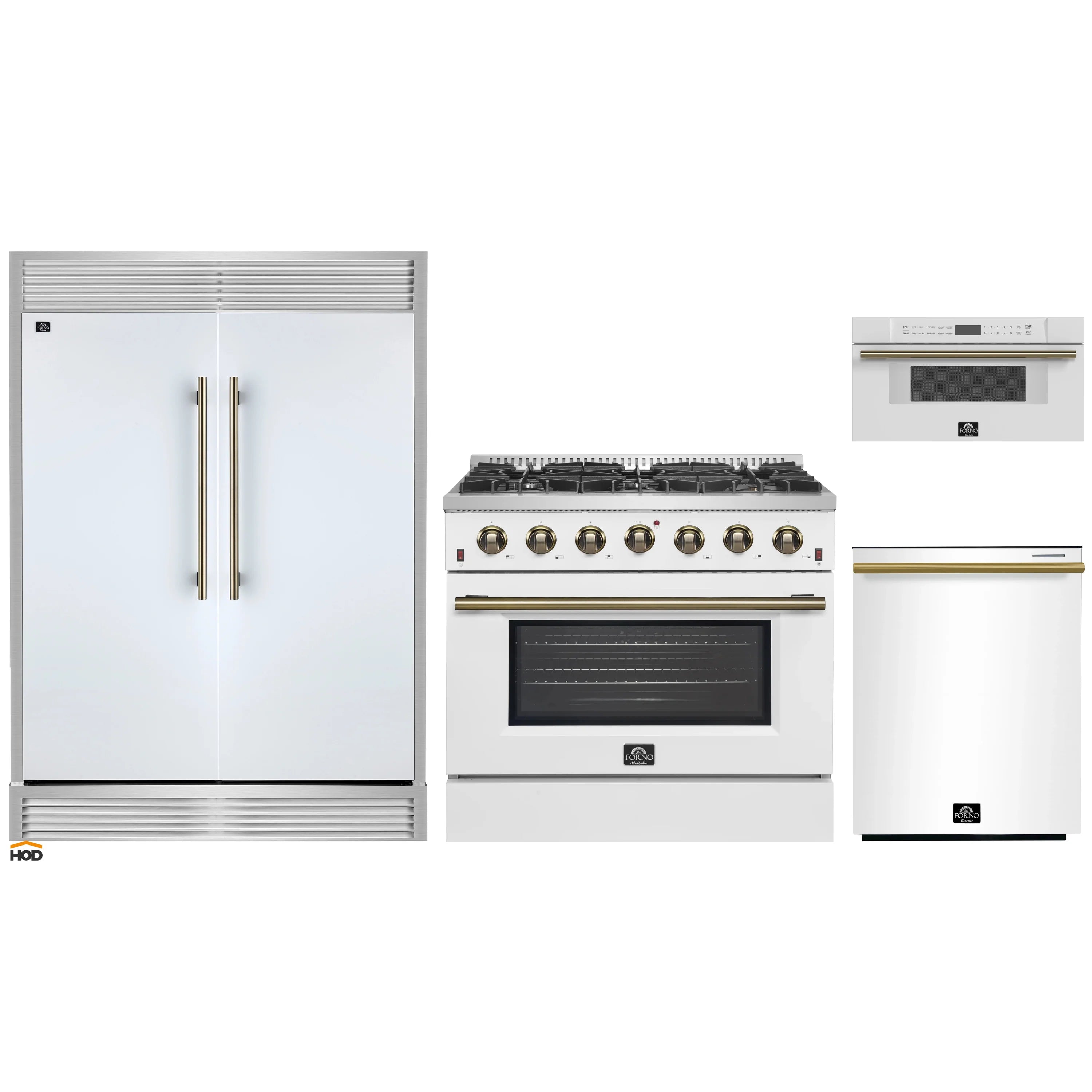 White appliance package with gas range, refrigerator doors, and microwave drawer