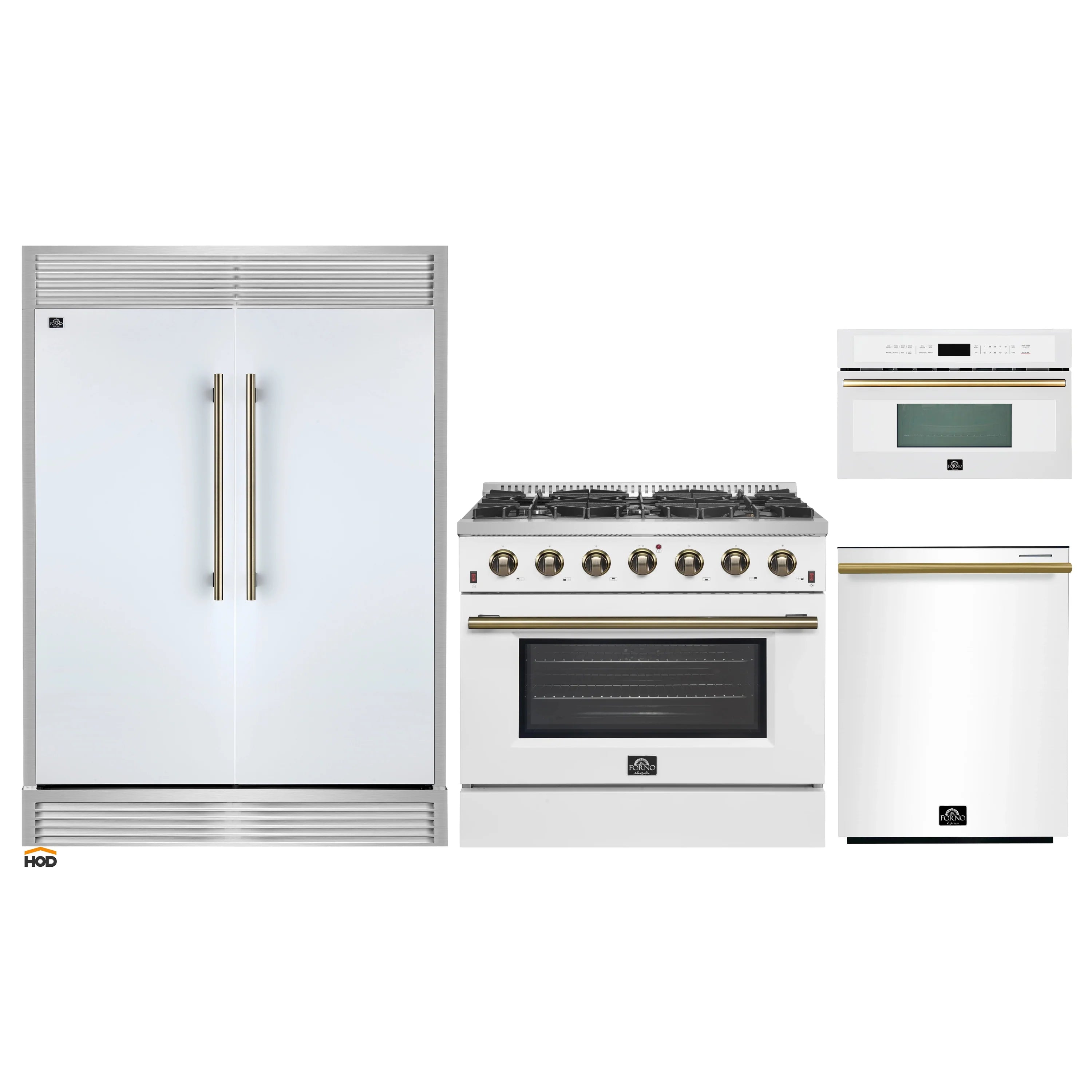 White appliance package with gas range, refrigerator, and microwave—brass accent handles