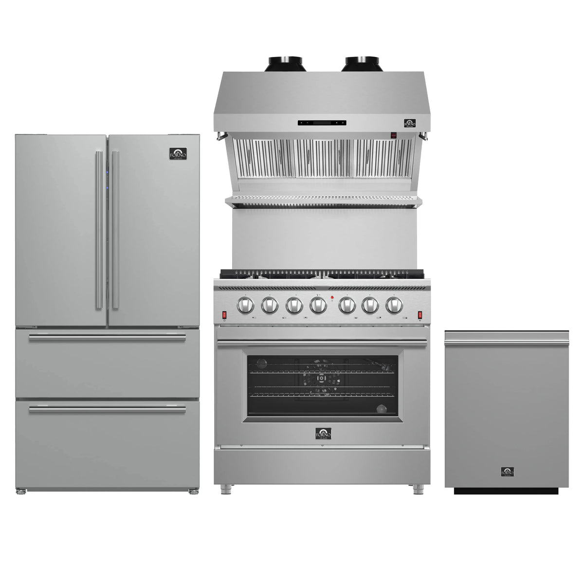 Forno 4-Piece Appliance Package - 36-Inch Gas Range, Refrigerator, Wall Mount Hood with Backsplash, & 3-Rack Dishwasher in Stainless Steel