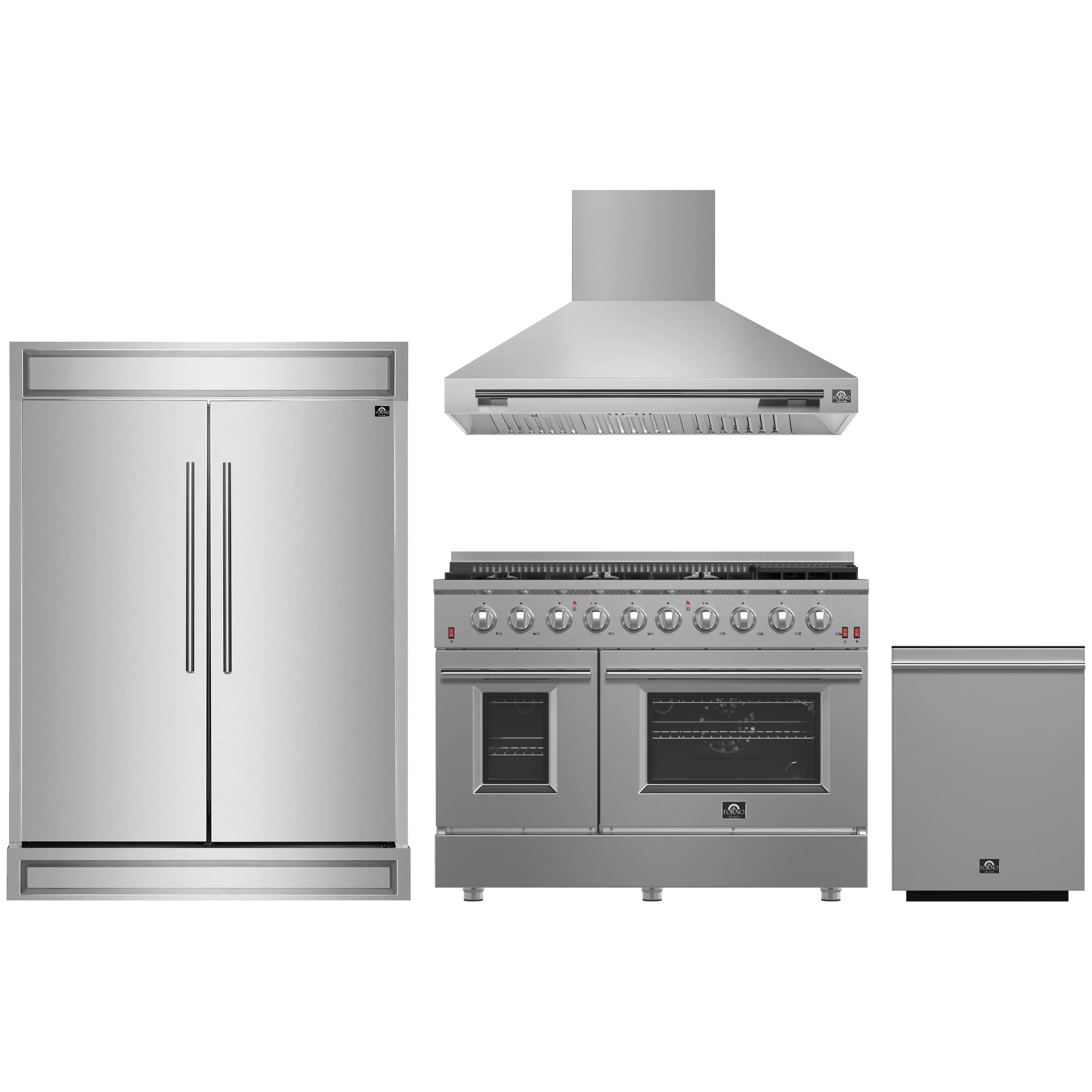 Stainless steel 4-piece appliance package: refrigerator, gas range with hood, and dishwasher