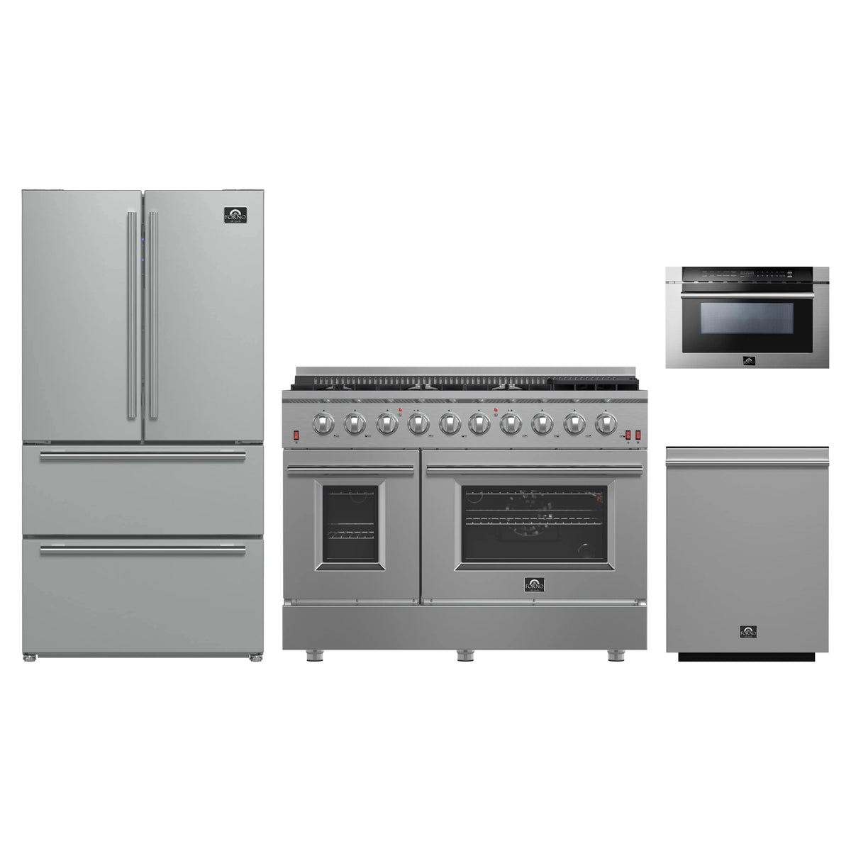 Forno 4-Piece Appliance Package - 48-Inch Gas Range, Refrigerator, 24-Inch Microwave Drawer, & 3-Rack Dishwasher in Stainless Steel