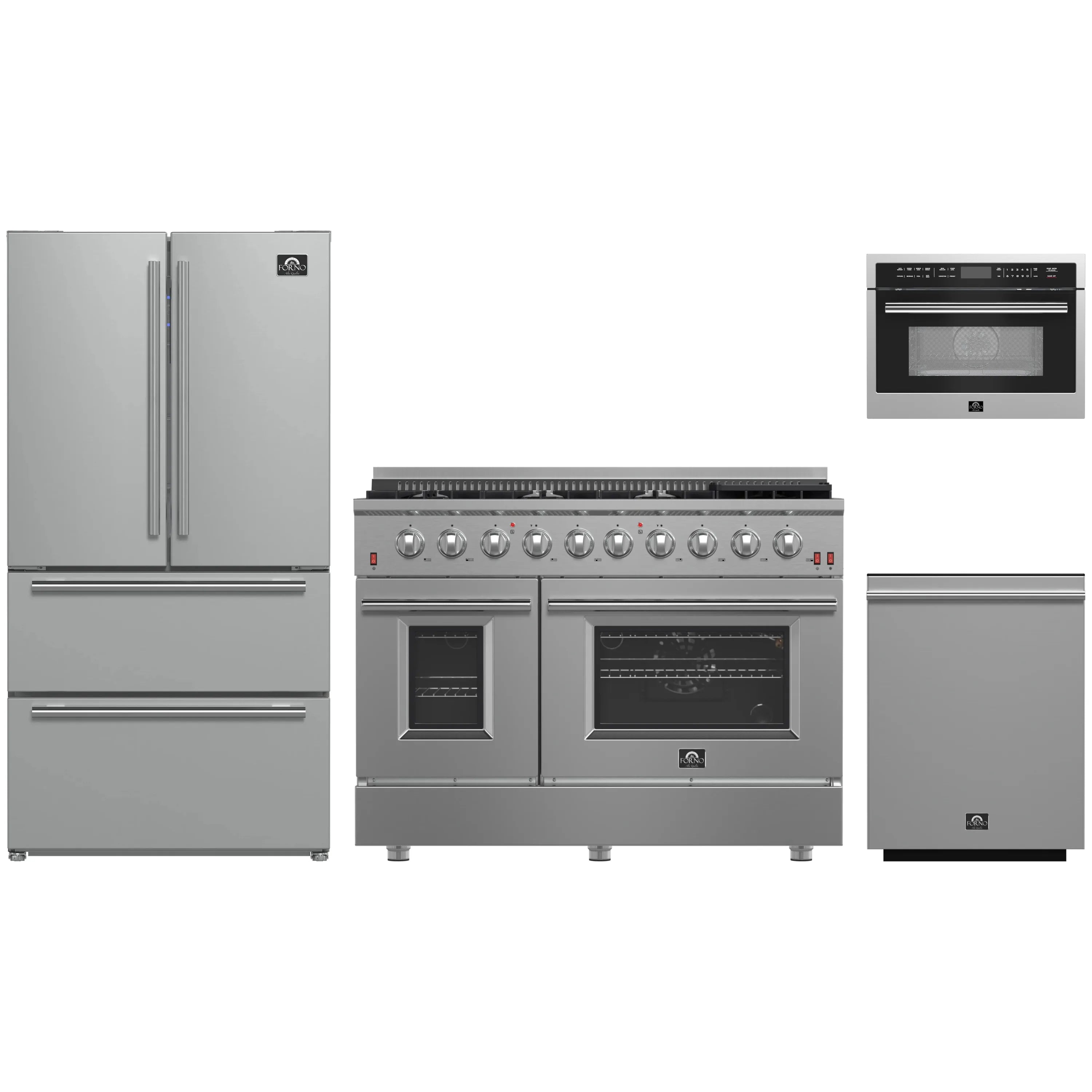 Stainless 4-piece appliance package with refrigerator, gas range, microwave, and dishwasher