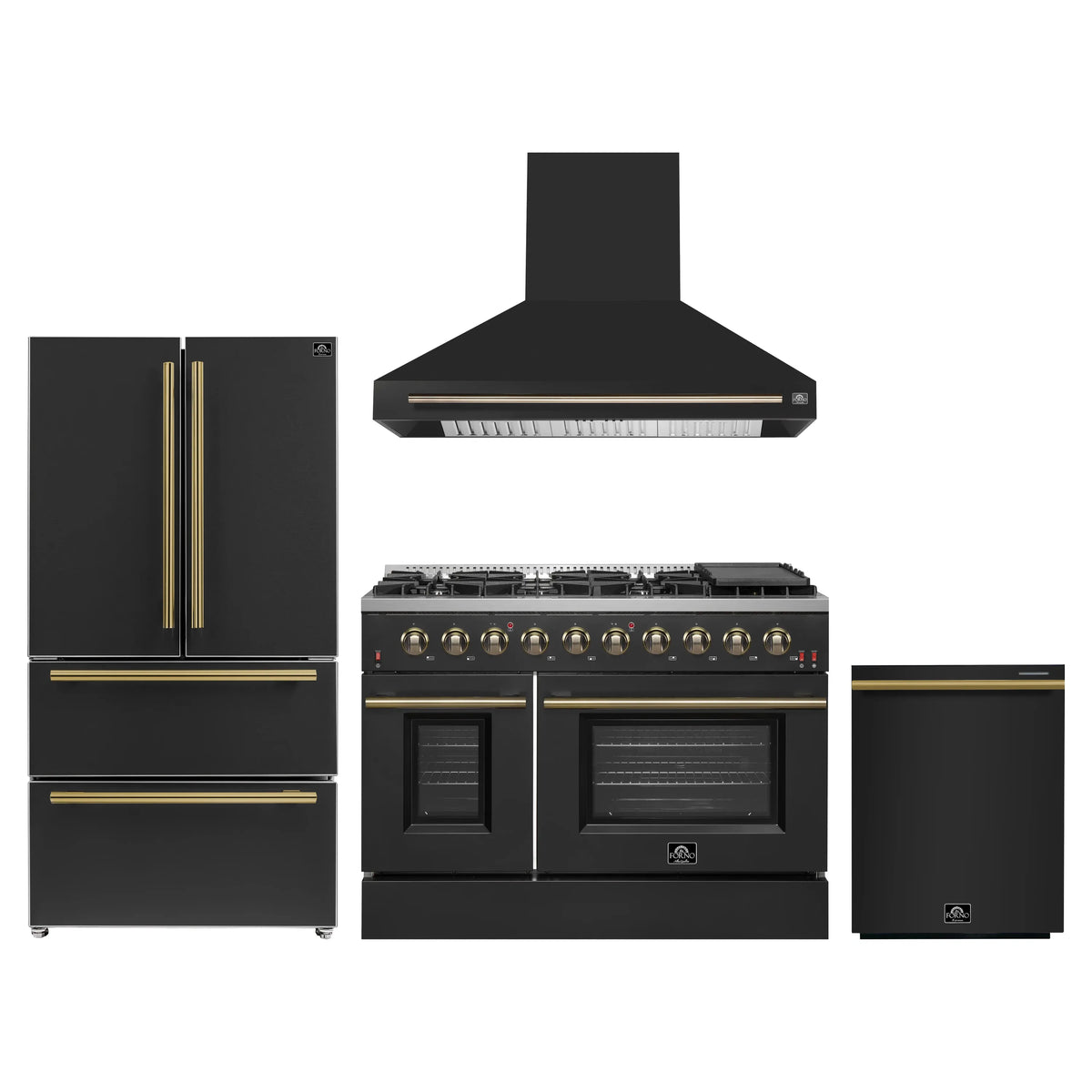 Forno 4-Piece Appliance Package - 48-Inch Gas Range, Wall Mount Range Hood, 36-Inch French Door Refrigerator, and Dishwasher in Black with Antique Brass Trim