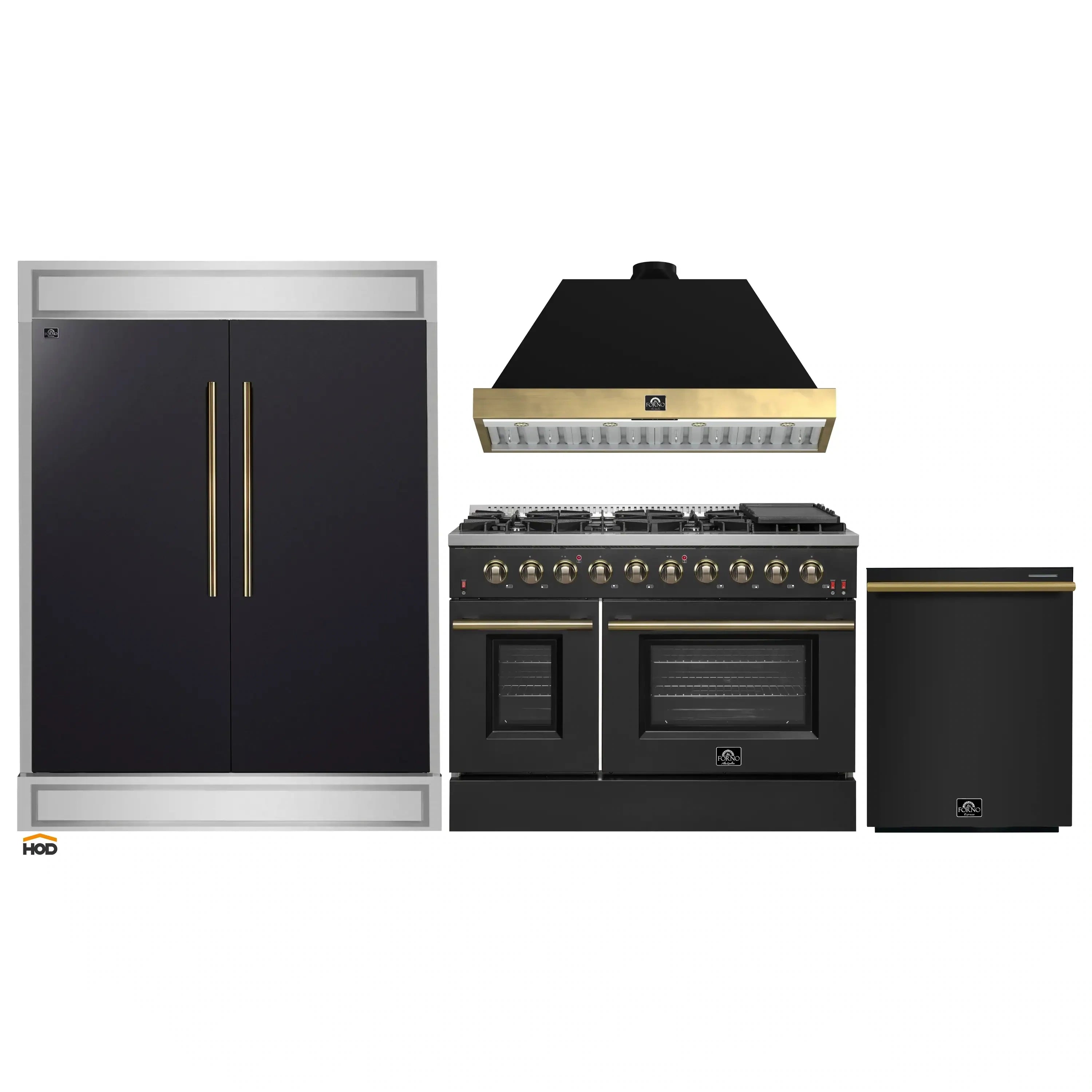 Black 3-piece appliance package with antique brass handles