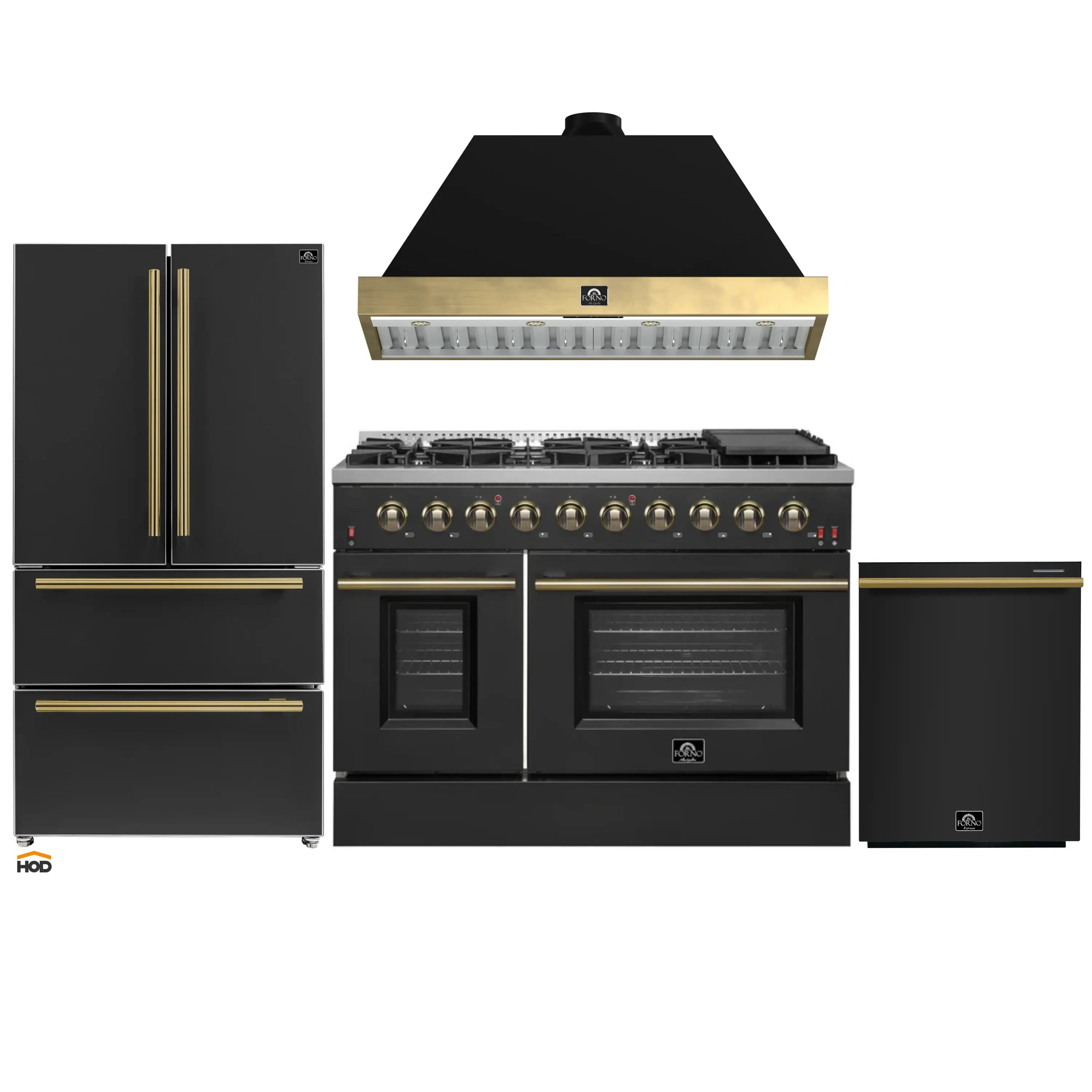 Black kitchen appliance set with gas range, hood, refrigerator, and dishwasher