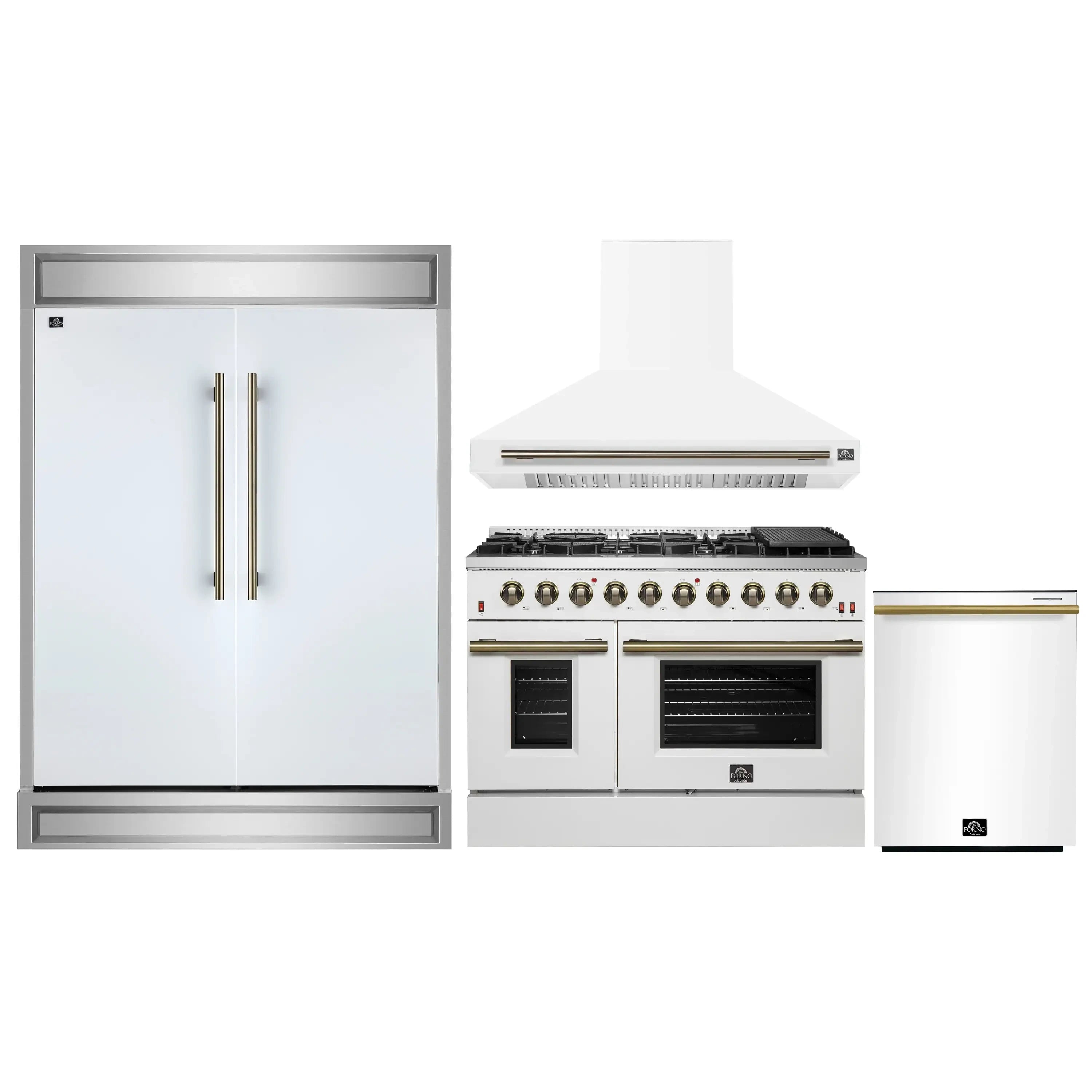 White 4-piece kitchen appliance set: refrigerator, dishwasher, gas range, wall hood