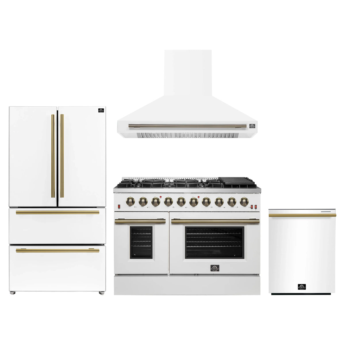 Forno 4-Piece Appliance Package - 48-Inch Gas Range, Wall Mount Range Hood, 36-Inch French Door Refrigerator, and Dishwasher in White with Antique Brass Trim