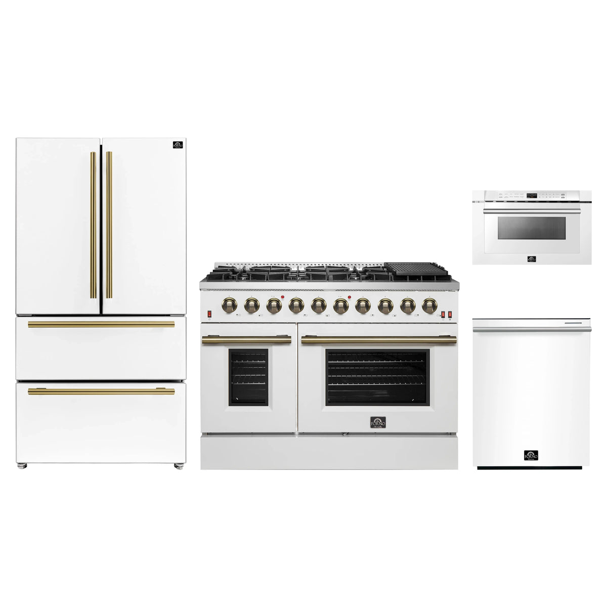 Forno 4-Piece Appliance Package - 48-Inch Gas Range, 36-Inch Refrigerator, 24-Inch Microwave Drawer, & Dishwasher in White with Antique Brass Trim
