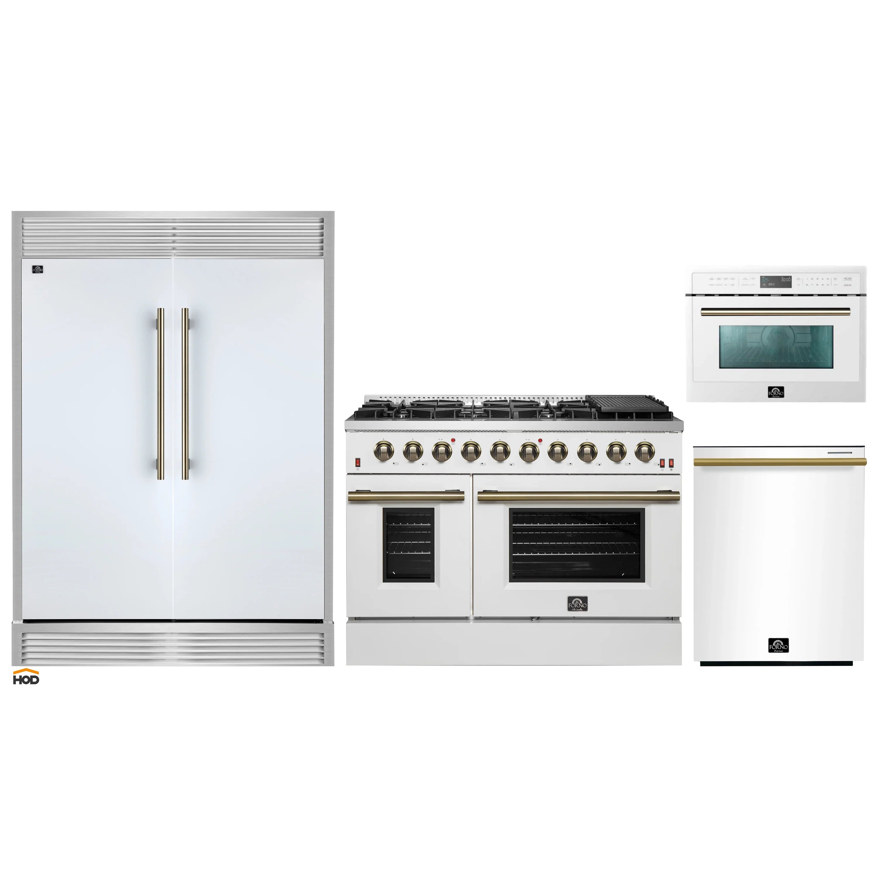 White appliance set with refrigerator, gas range, and microwave oven