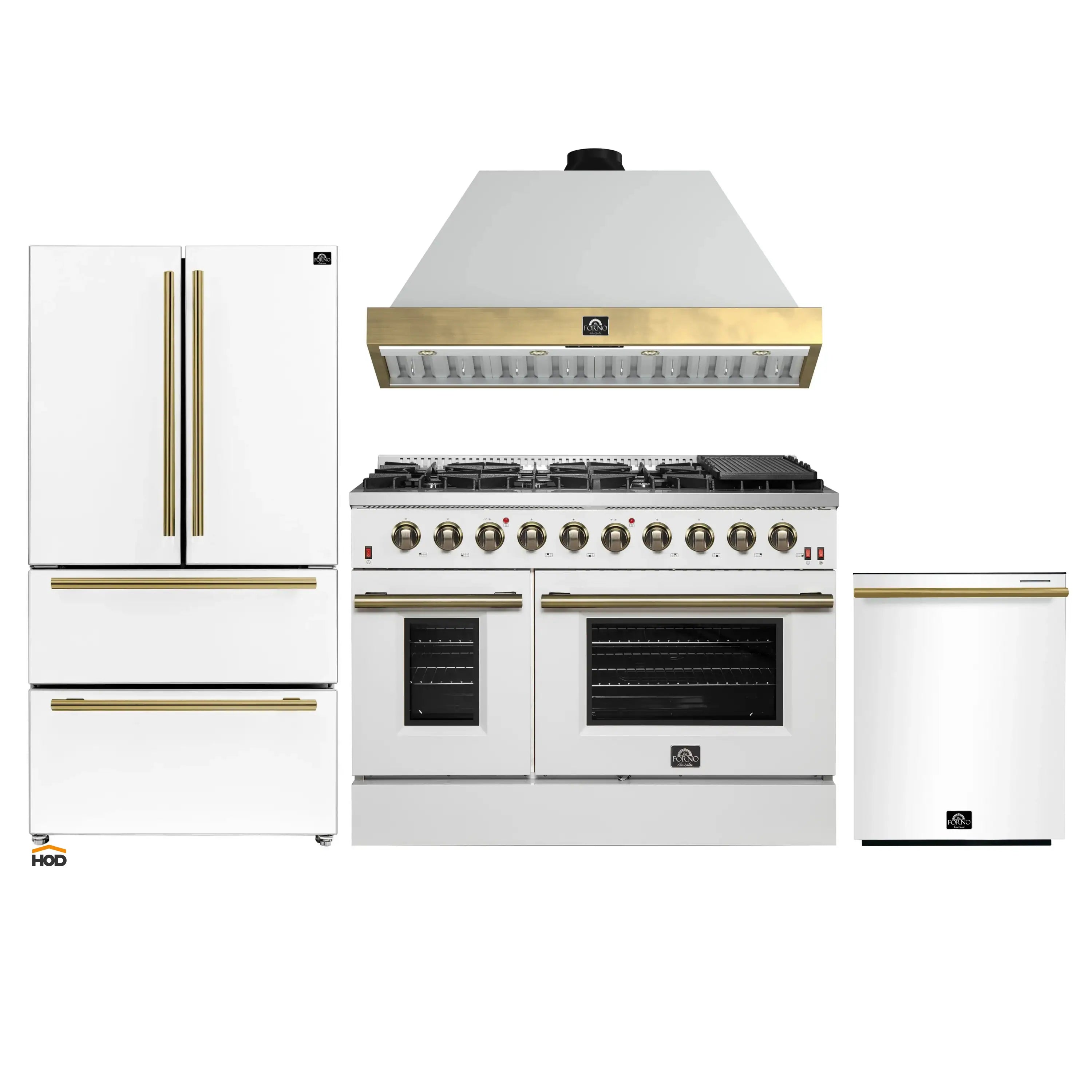 White gas range with stainless burners, range hood, and antique brass trim