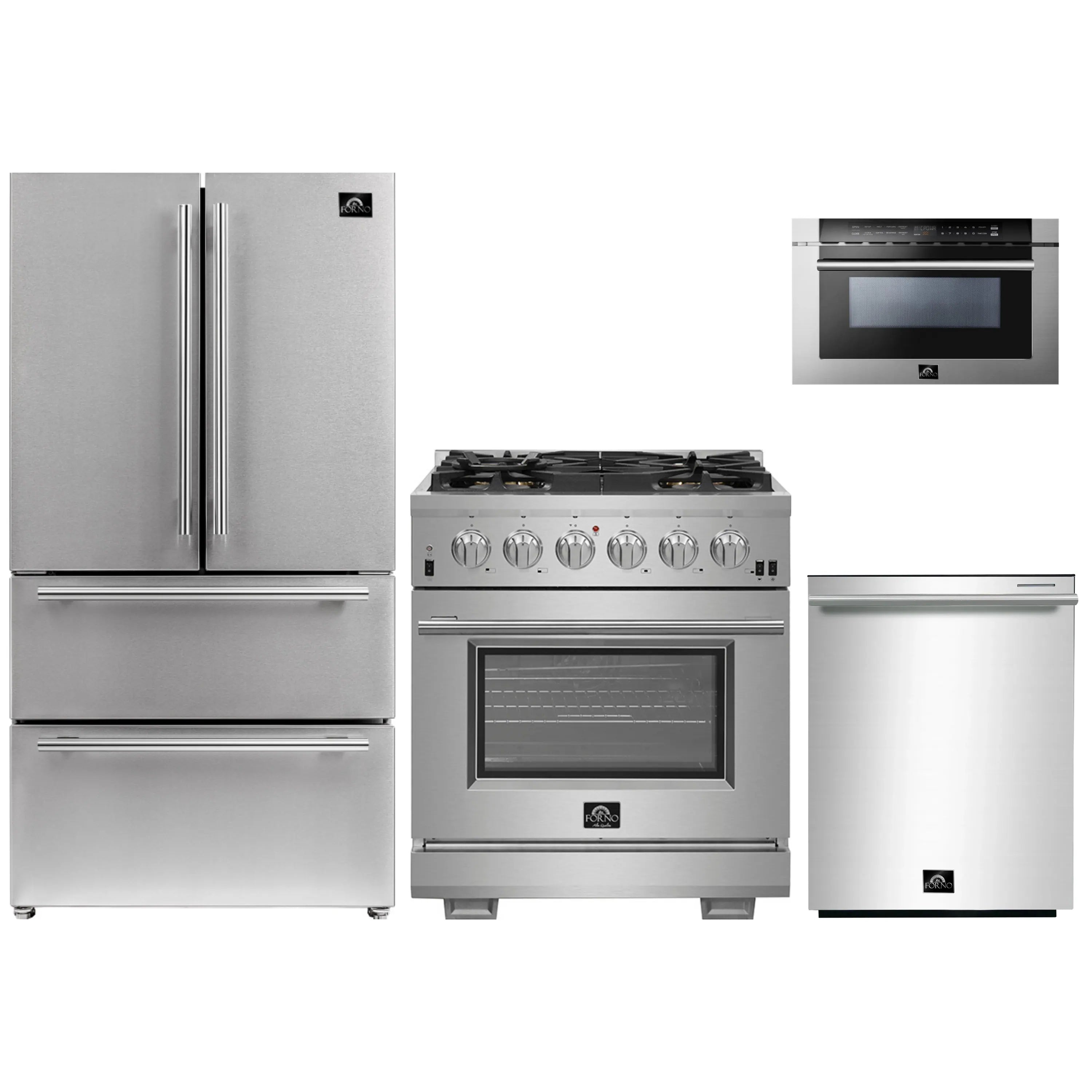 Stainless steel appliance package with refrigerator, gas range, microwave, and dishwasher