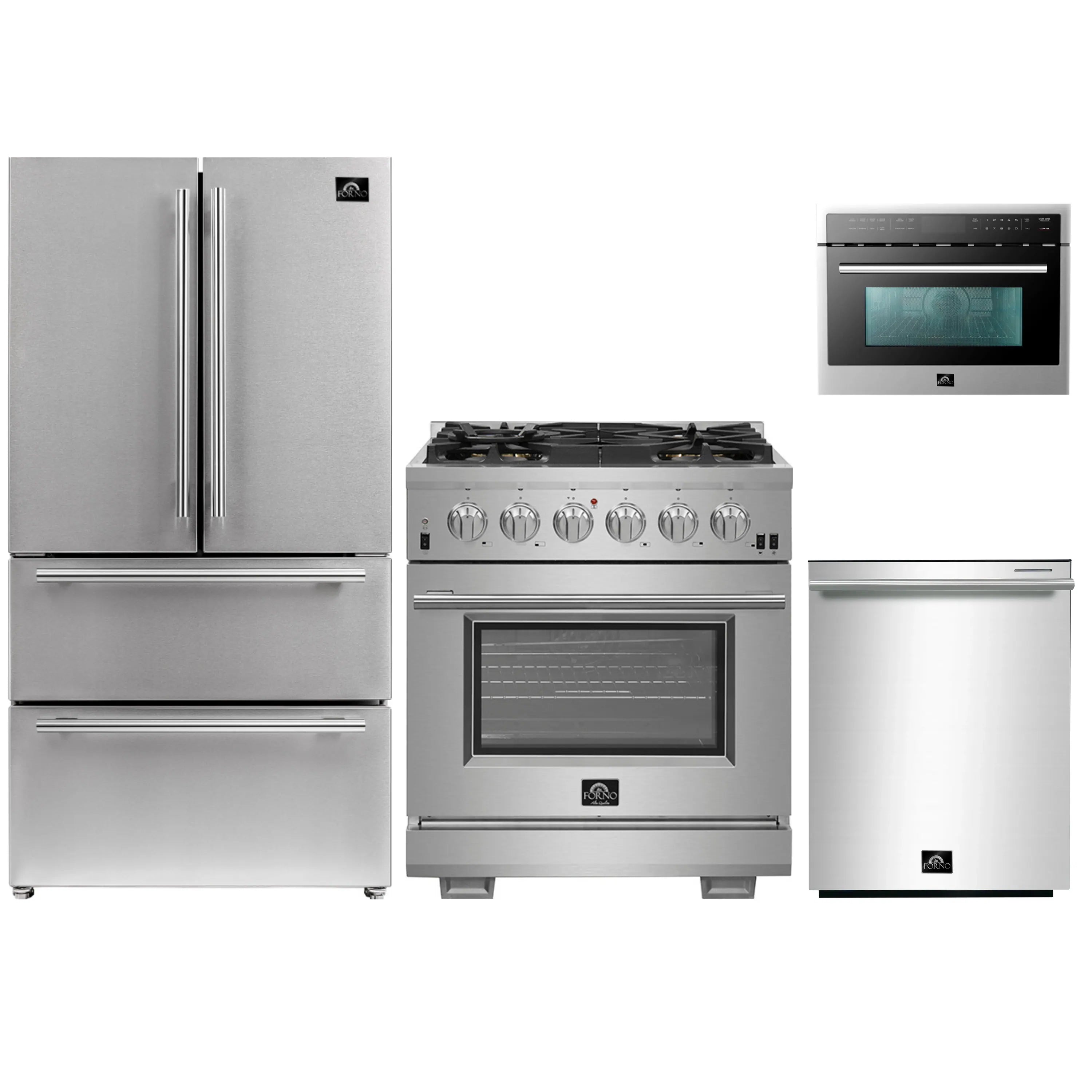 Stainless steel kitchen appliance set: refrigerator, gas range, microwave, dishwasher