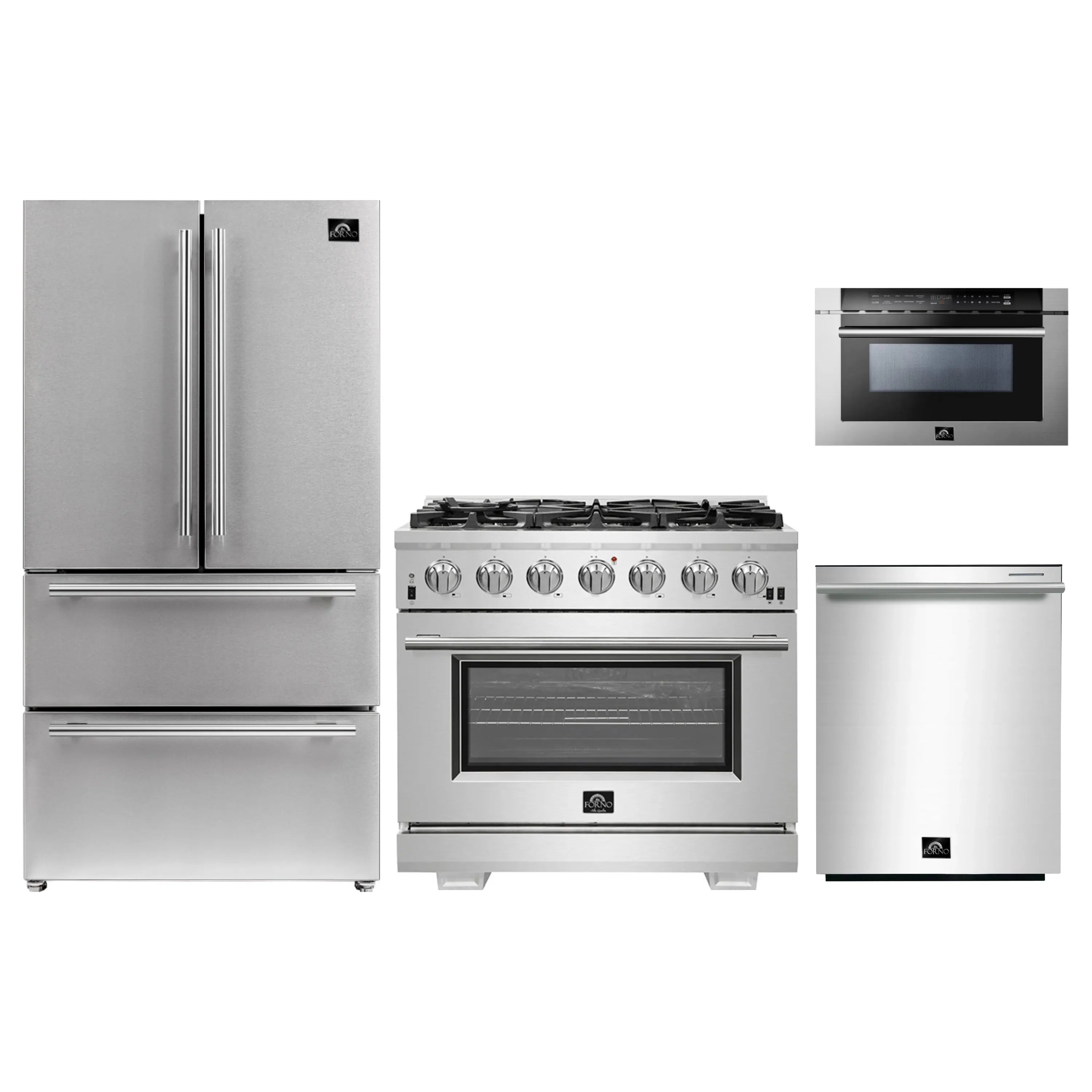 Stainless steel appliance package: gas range, refrigerator, microwave drawer, dishwasher