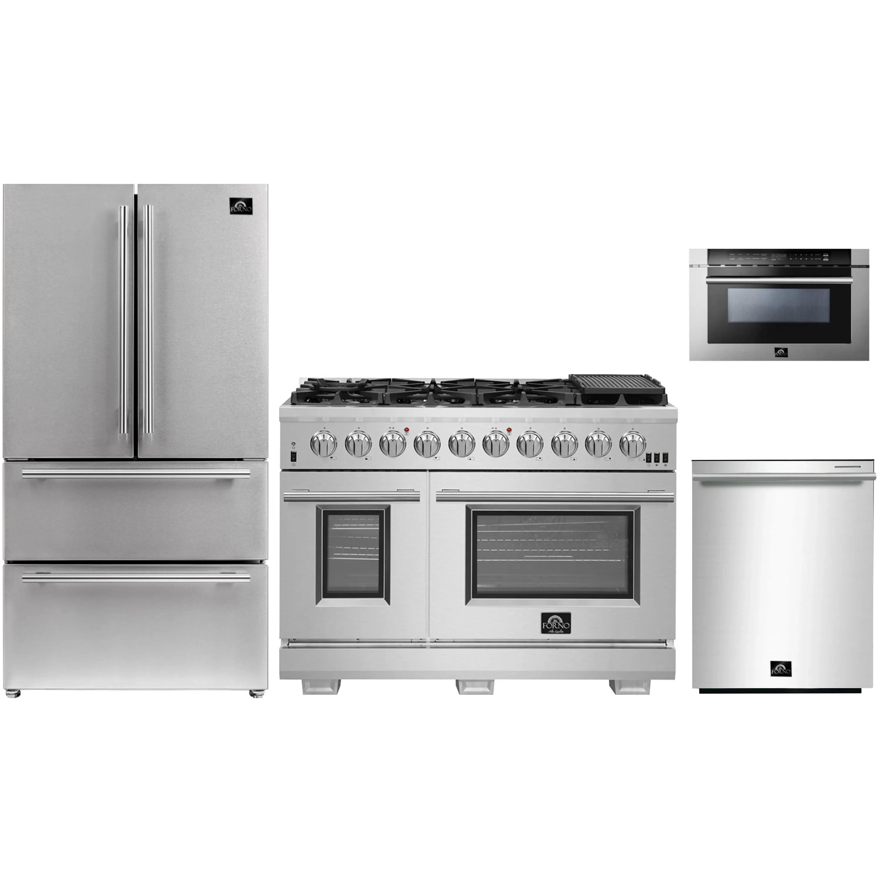 Stainless steel kitchen appliance package with gas range, refrigerator, microwave drawer, dishwasher
