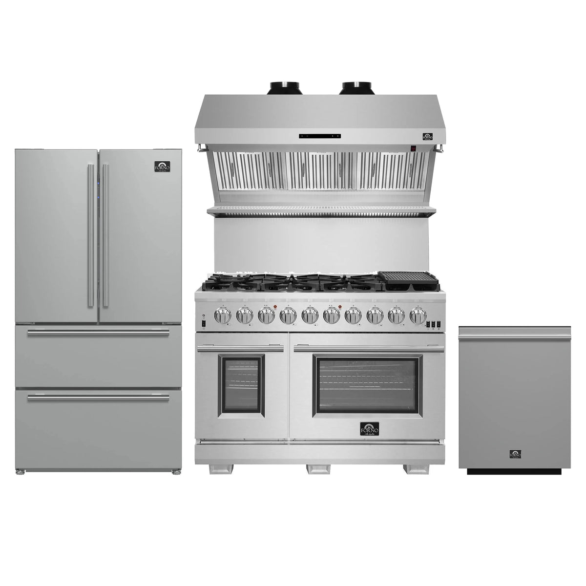 Forno 4-Piece Pro Appliance Package - 48-Inch Gas Range, Premium Hood, French Door Refrigerator, and Dishwasher in Stainless Steel