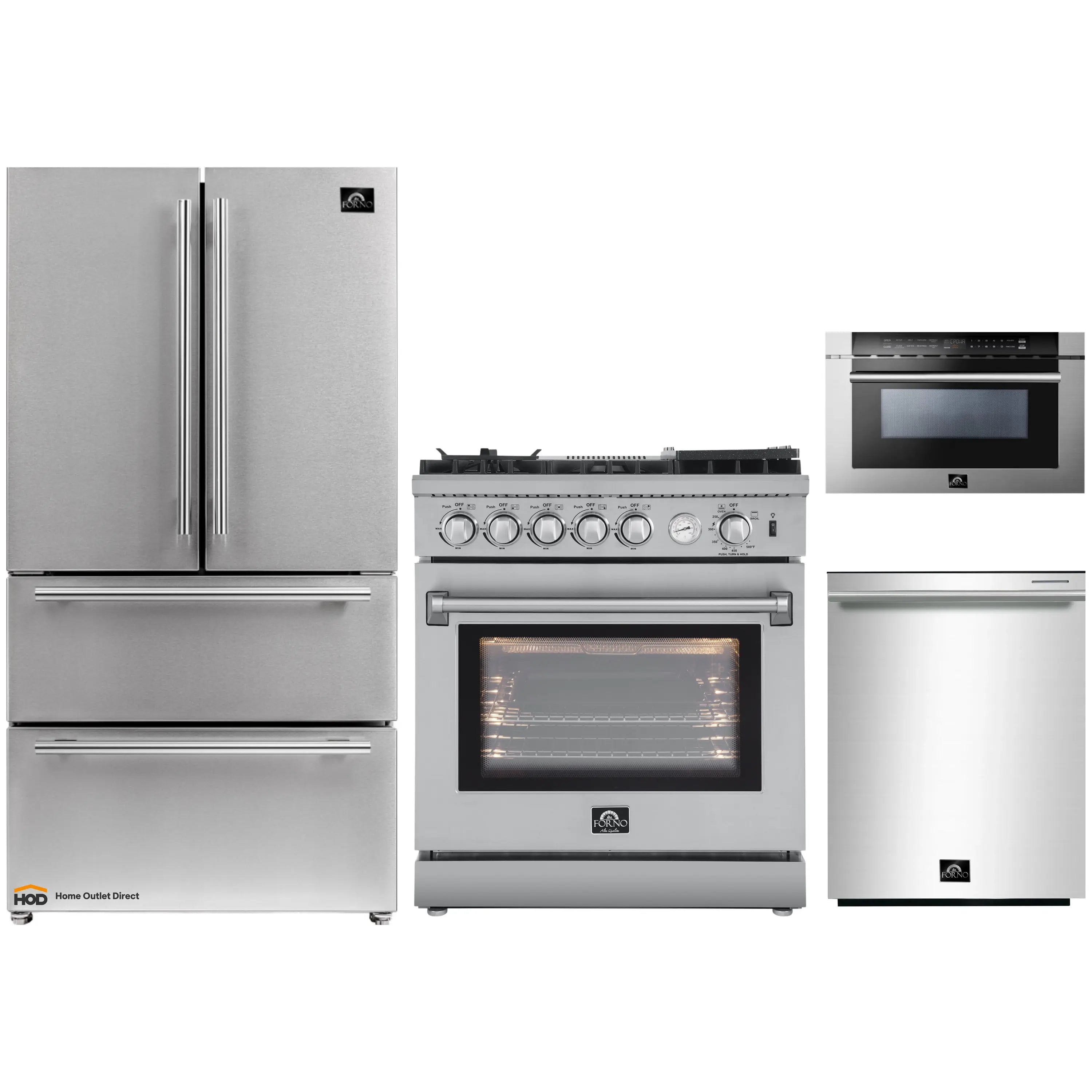Stainless steel appliance set: refrigerator, gas range, oven, microwave drawer