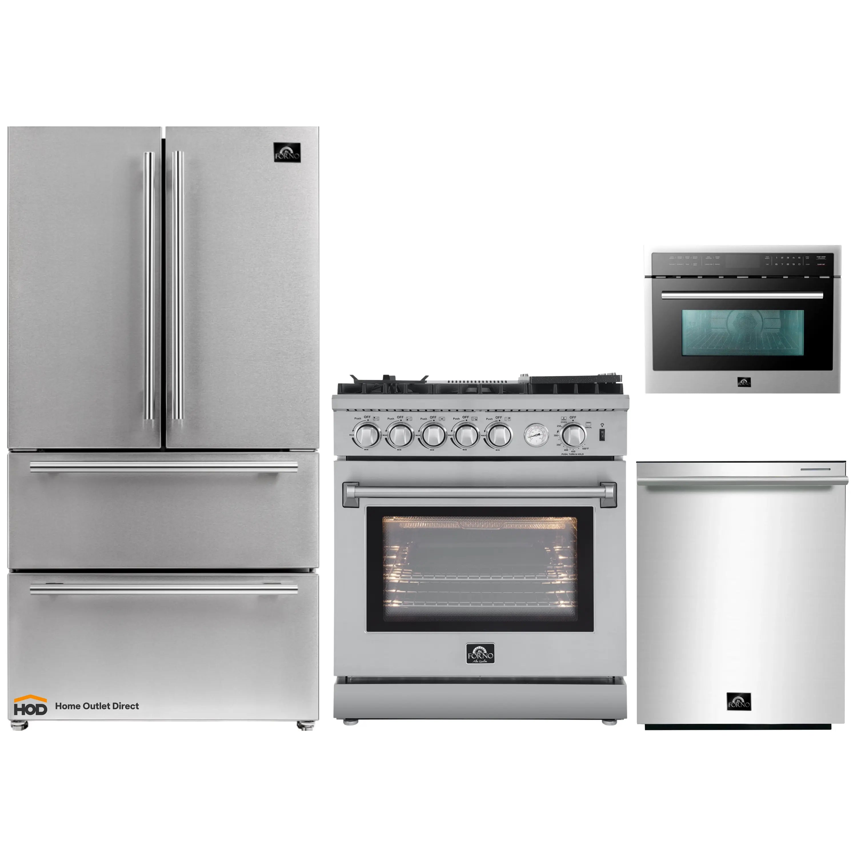 Stainless steel 4-piece kitchen appliance package: refrigerator, gas range, microwave, dishwasher