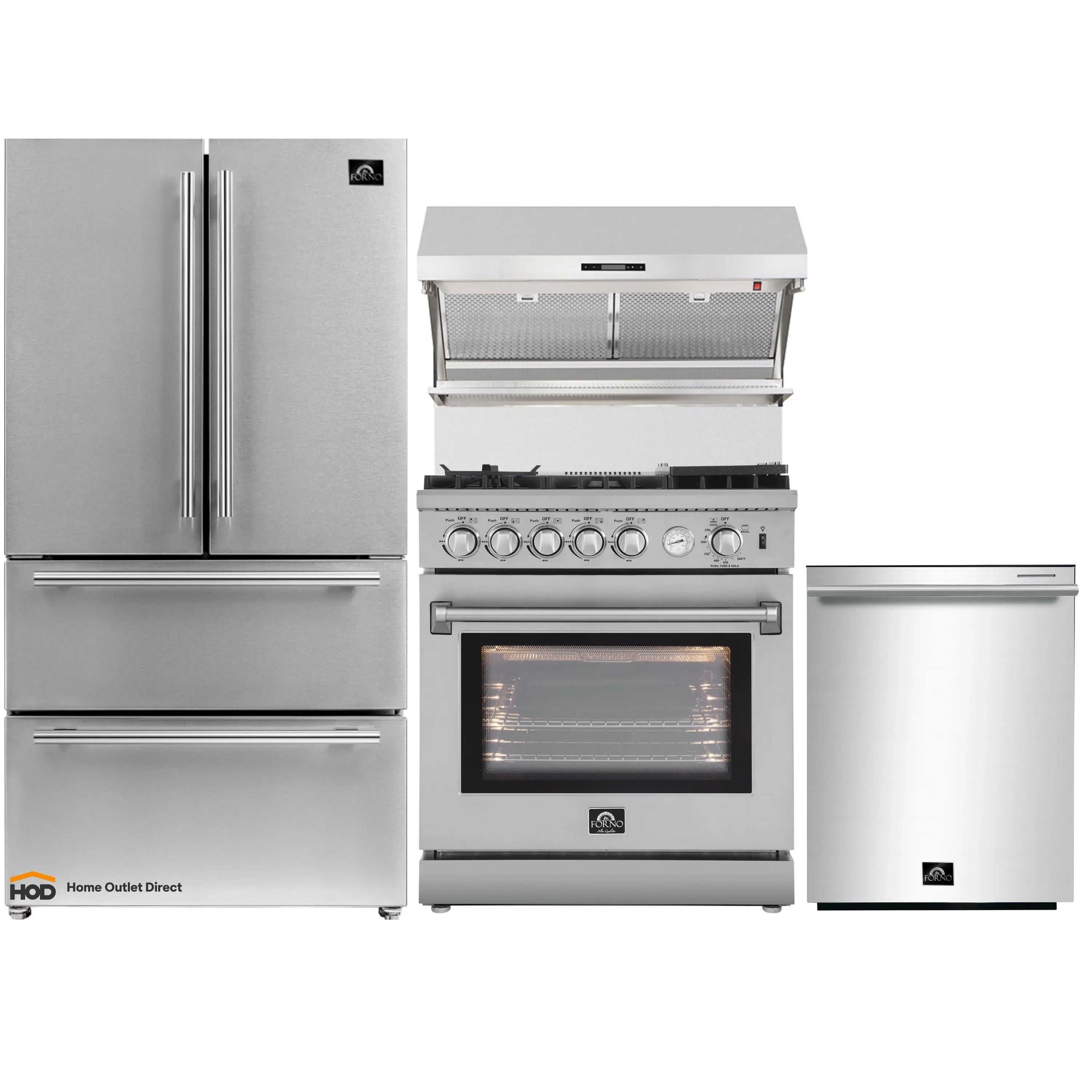 Stainless steel appliance package with gas range, refrigerator, and countertop dishwasher