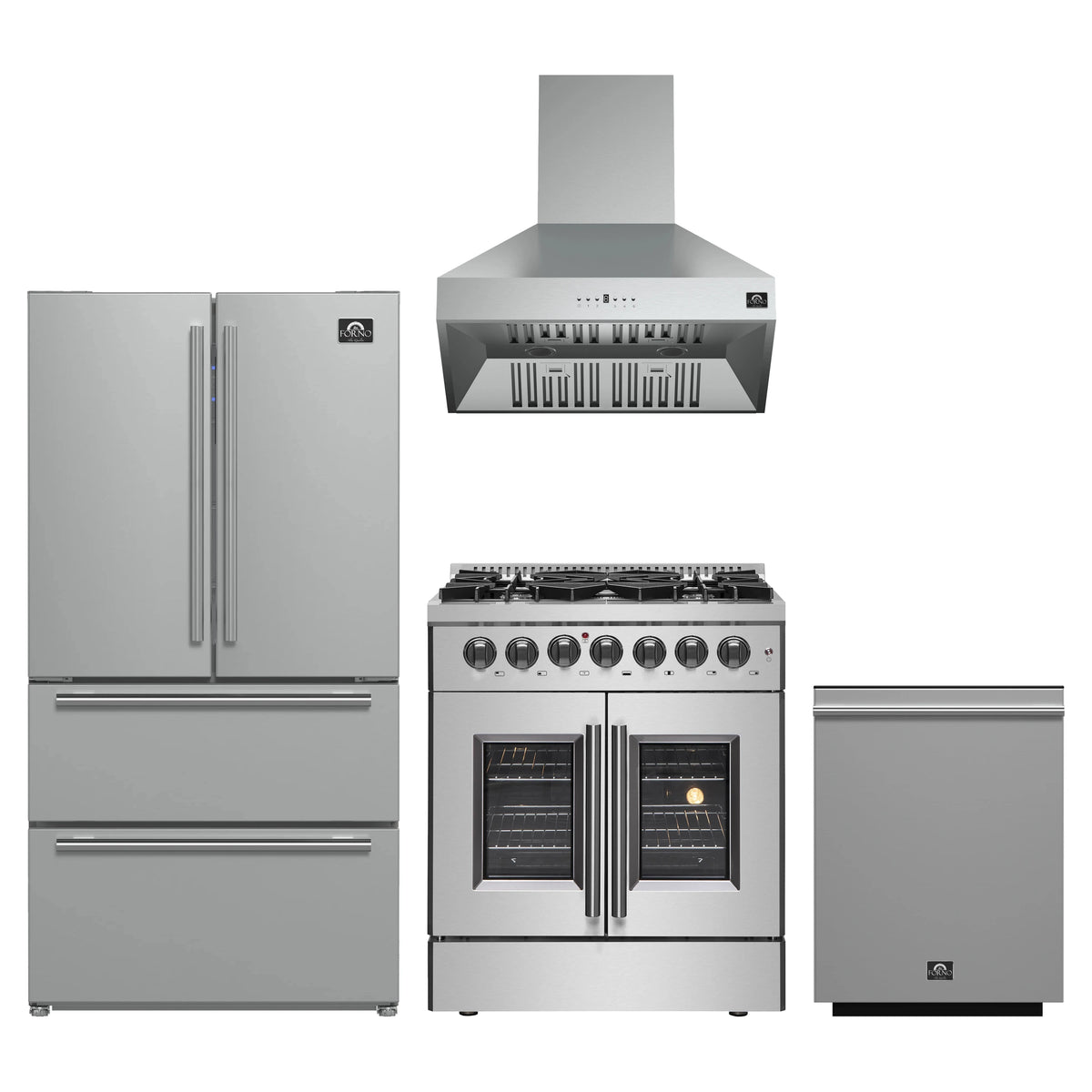 Forno 4-Piece Appliance Package - 30-Inch Galiano French Door Dual Fuel Range, Wall Mount Range Hood, 36-Inch Refrigerator, and Dishwasher in Stainless Steel