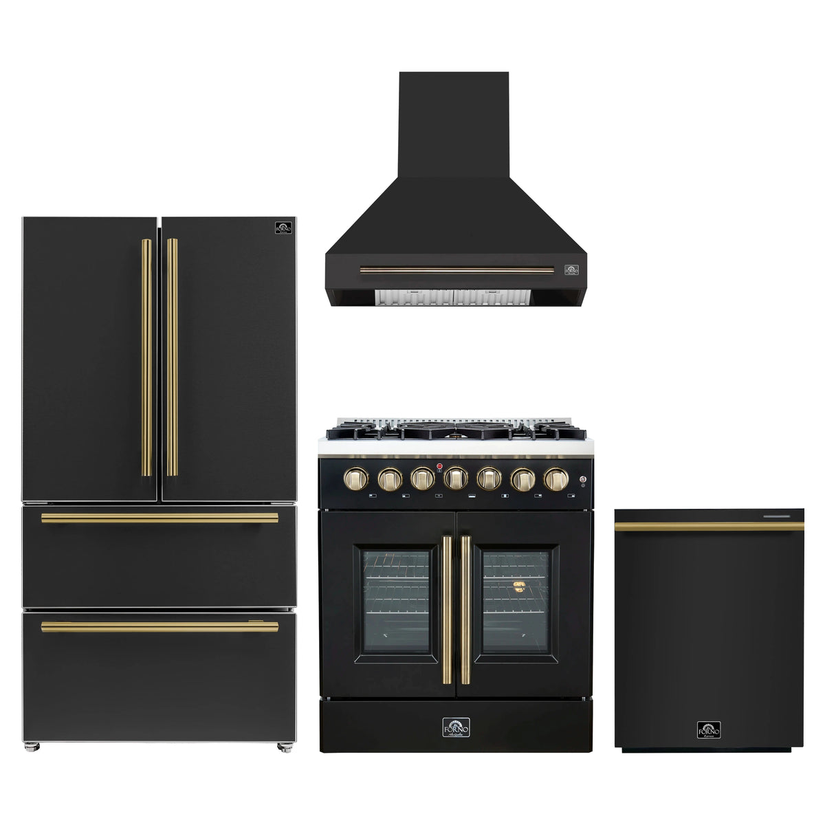Forno 4-Piece Appliance Package - 30-Inch Galiano French Door Dual Fuel Range, Wall Mount Range Hood, 36-Inch Refrigerator, and Dishwasher in Black with Antique Brass Trim