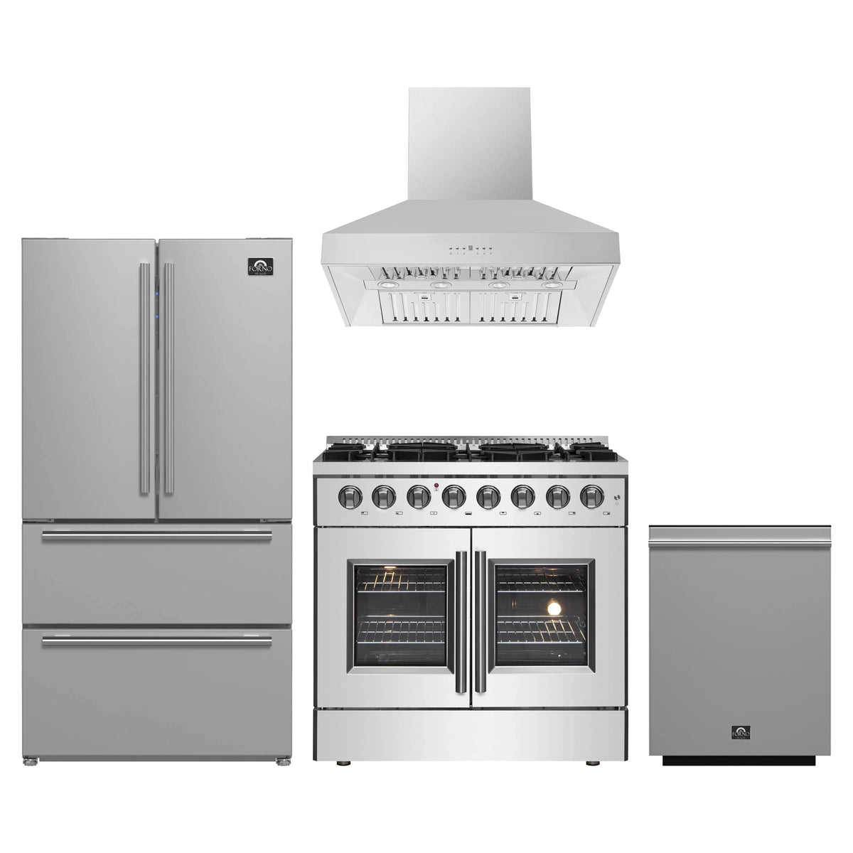 Forno 4-Piece Appliance Package - 36-Inch Galiano French Door Dual Fuel Range, Wall Mount Range Hood, 36-Inch Refrigerator, and Dishwasher in Stainless Steel