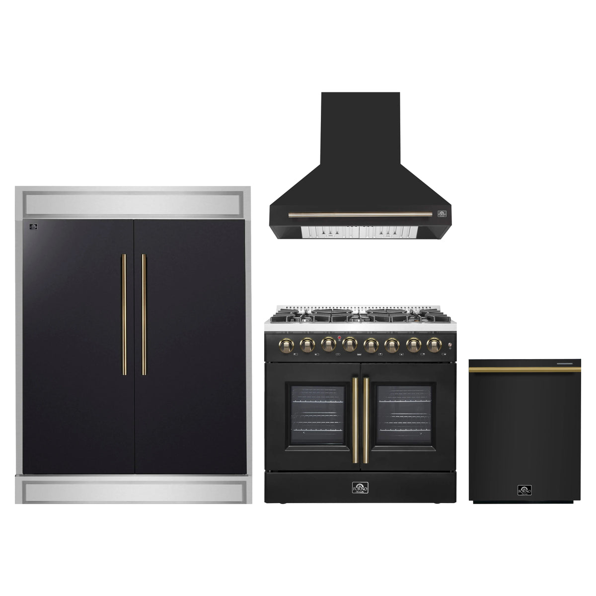 Forno 4-Piece Appliance Package - 36-Inch Galiano French Door Dual Fuel Range, Wall Mount Range Hood, 60-Inch Refrigerator, and Dishwasher in Black with Antique Brass Trim