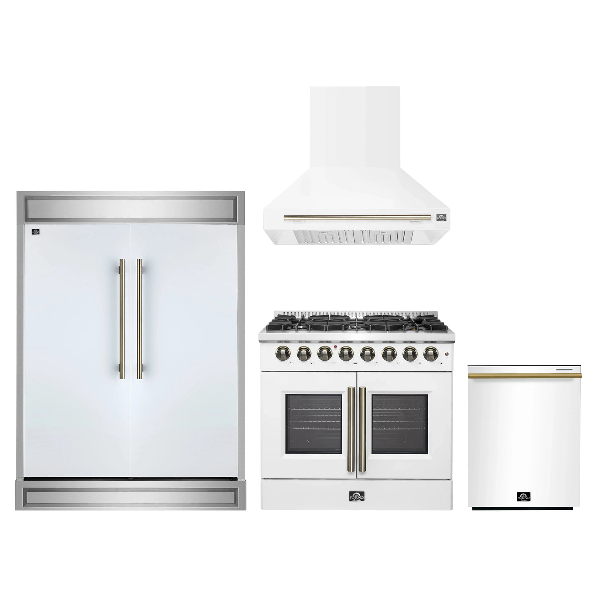 Forno 4-Piece Appliance Package - 36-Inch Galiano French Door Dual Fuel Range, Wall Mount Range Hood, 60-Inch Refrigerator, and Dishwasher in White with Antique Brass Trim