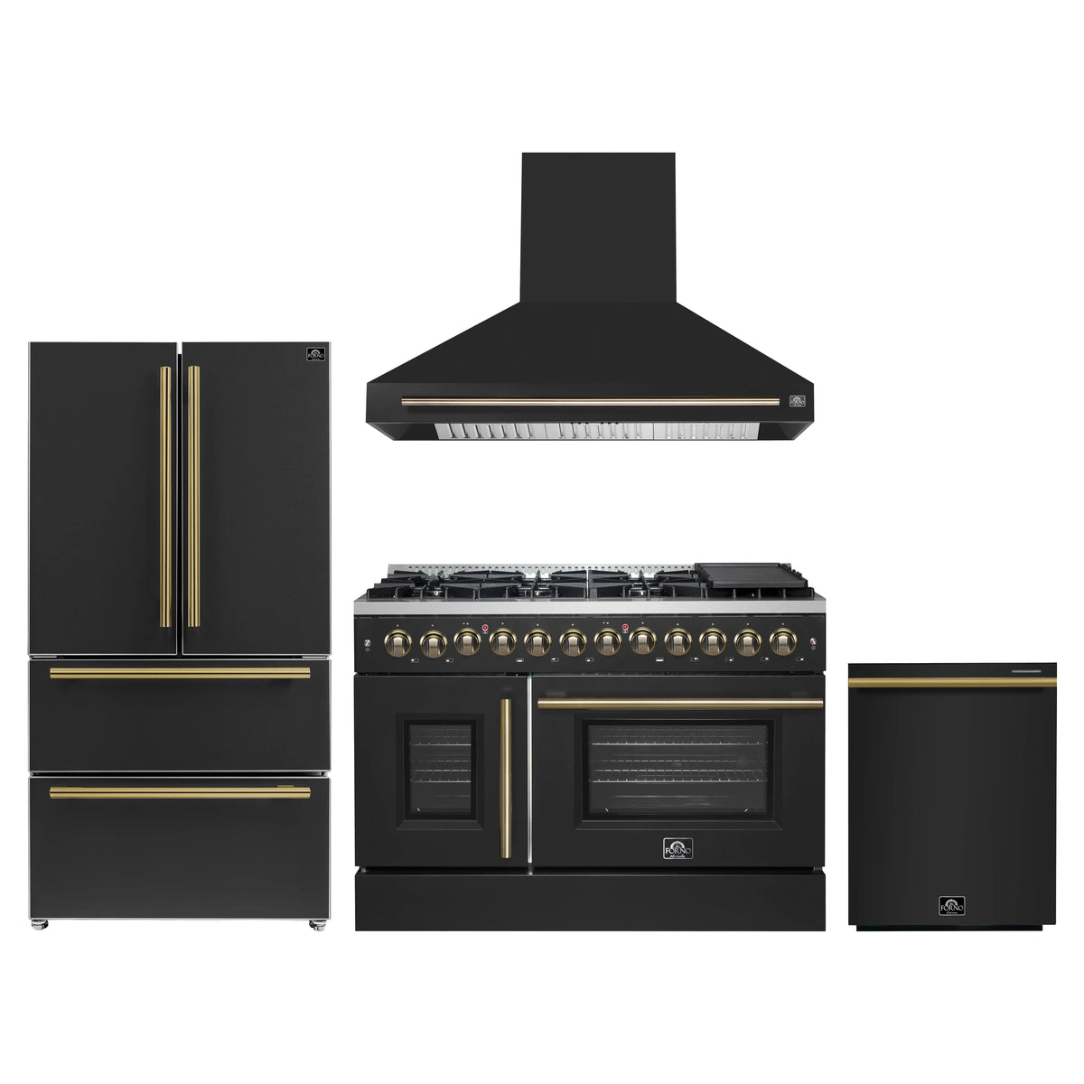 Forno 4-Piece Appliance Package - 48-Inch Galiano French Door Dual Fuel Range, Wall Mount Range Hood, 36-Inch Refrigerator, and Dishwasher in Black with Antique Brass Trim