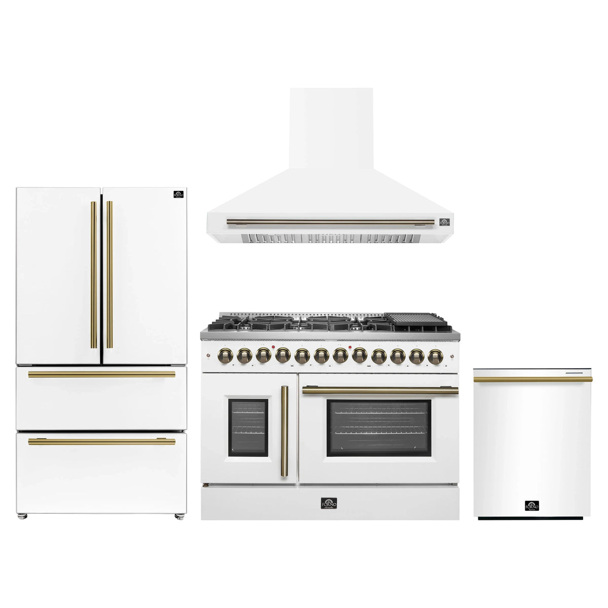 Forno 4-Piece Appliance Package - 48-Inch Galiano French Door Dual Fuel Range, Wall Mount Range Hood, 36-Inch Refrigerator, and Dishwasher in White with Antique Brass Trim