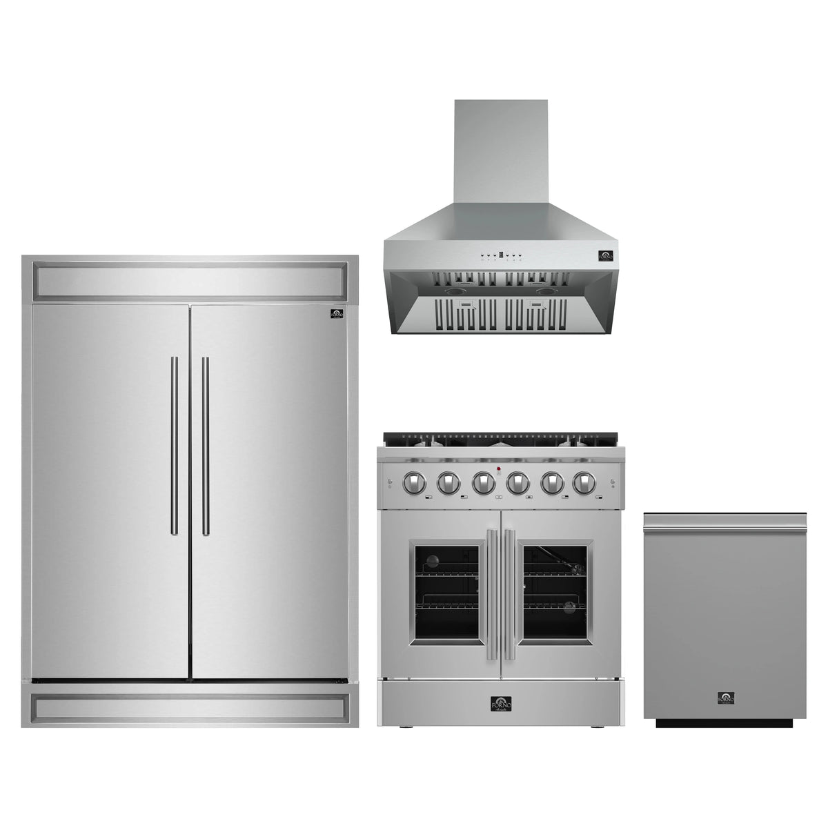 Forno 4-Piece Appliance Package - 30-Inch Galiano French Door Gas Range, Wall Mount Range Hood, 60-Inch Refrigerator, and Dishwasher in Stainless Steel