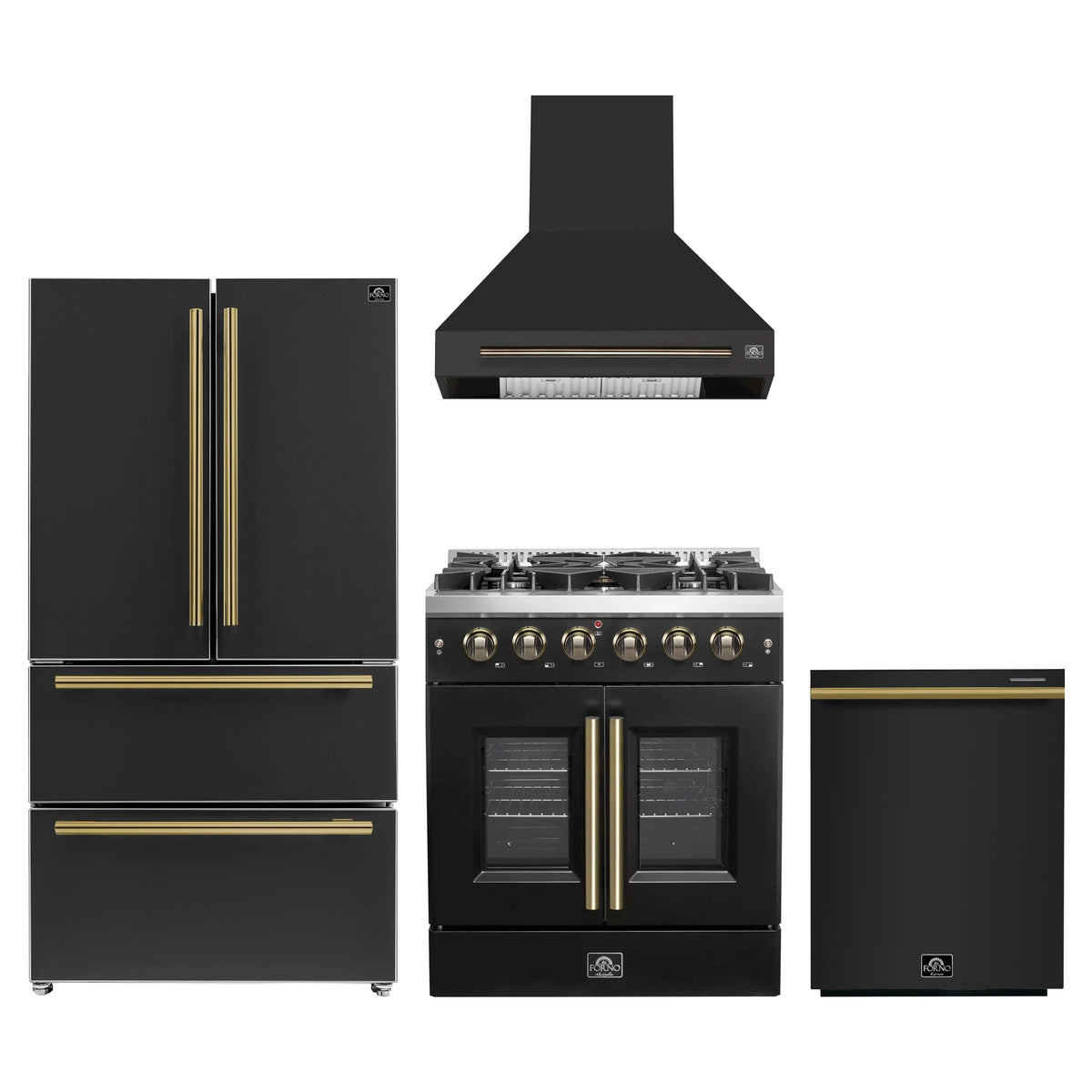 Forno 4-Piece Appliance Package - 30-Inch Galiano French Door Gas Range, Wall Mount Range Hood, 36-Inch Refrigerator, and Dishwasher in Black with Antique Brass Trim