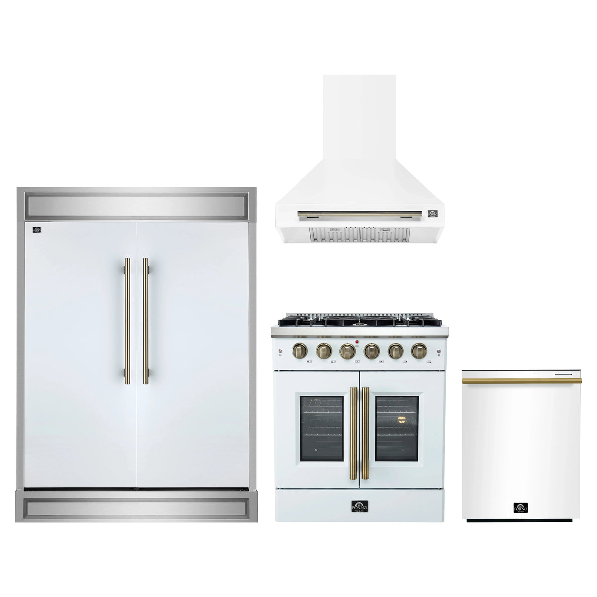 Forno 4-Piece Appliance Package - 30-Inch Galiano French Door Gas Range, Wall Mount Range Hood, 60-Inch Refrigerator, and Dishwasher in White with Antique Brass Trim