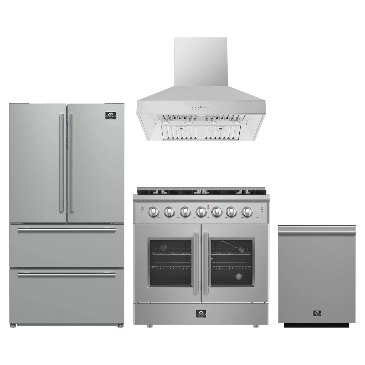 Forno 4-Piece Appliance Package - 36-Inch Galiano French Door Gas Range, Wall Mount Range Hood, 36-Inch Refrigerator, and Dishwasher in Stainless Steel