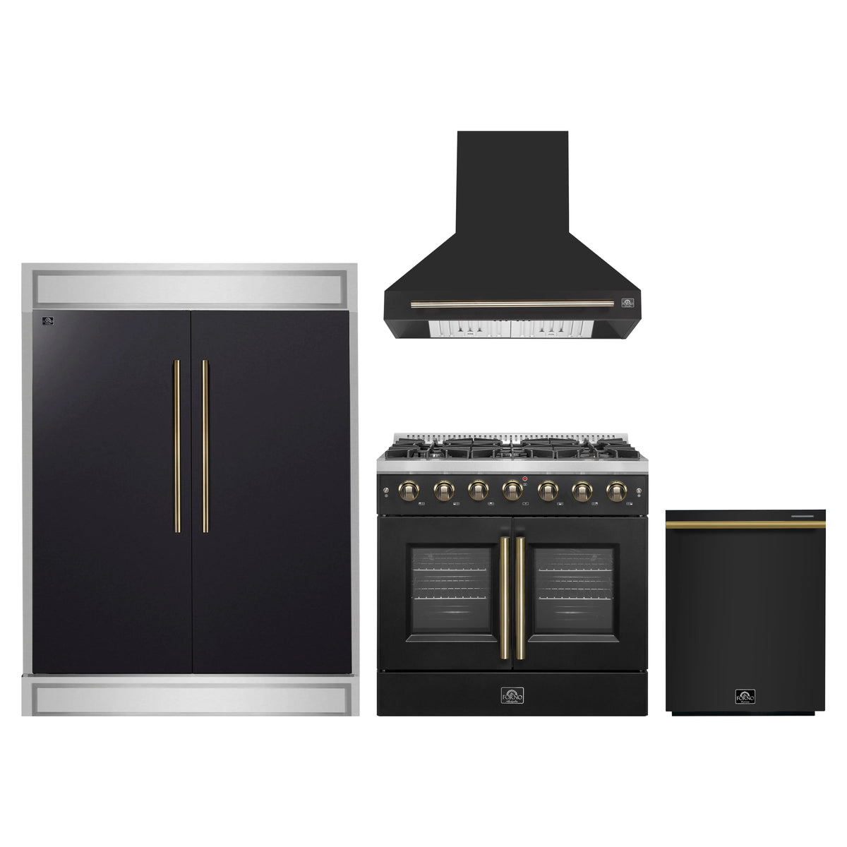 Forno 4-Piece Appliance Package - 36-Inch Galiano French Door Gas Range, Wall Mount Range Hood, 60-Inch Refrigerator, and Dishwasher in Black with Antique Brass Trim