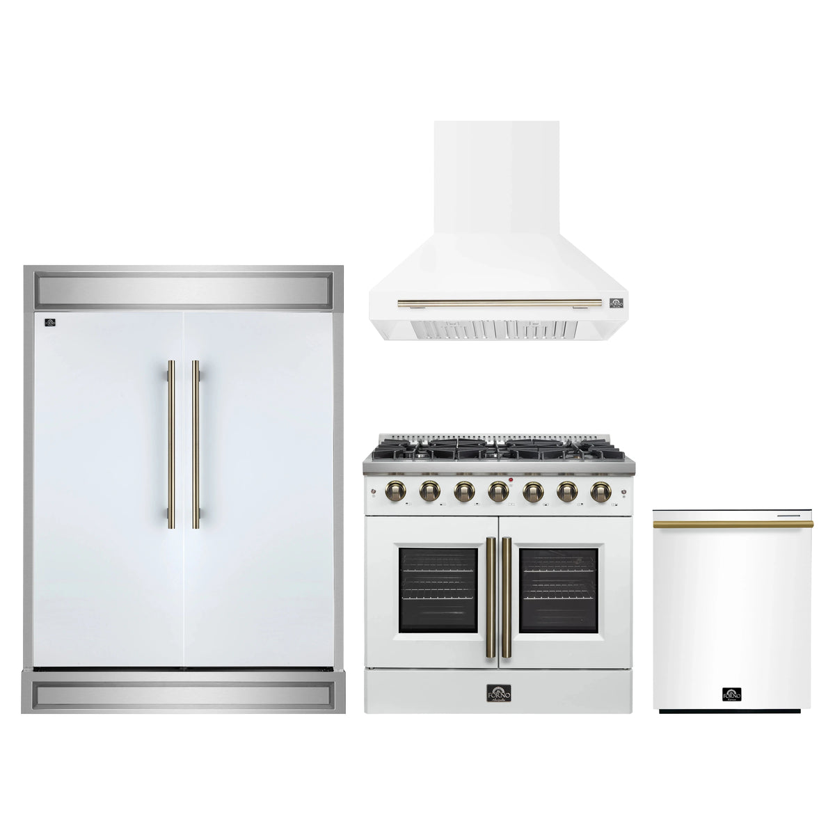 Forno 4-Piece Appliance Package - 36-Inch Galiano French Door Gas Range, Wall Mount Range Hood, 60-Inch Refrigerator, and Dishwasher in White with Antique Brass Trim