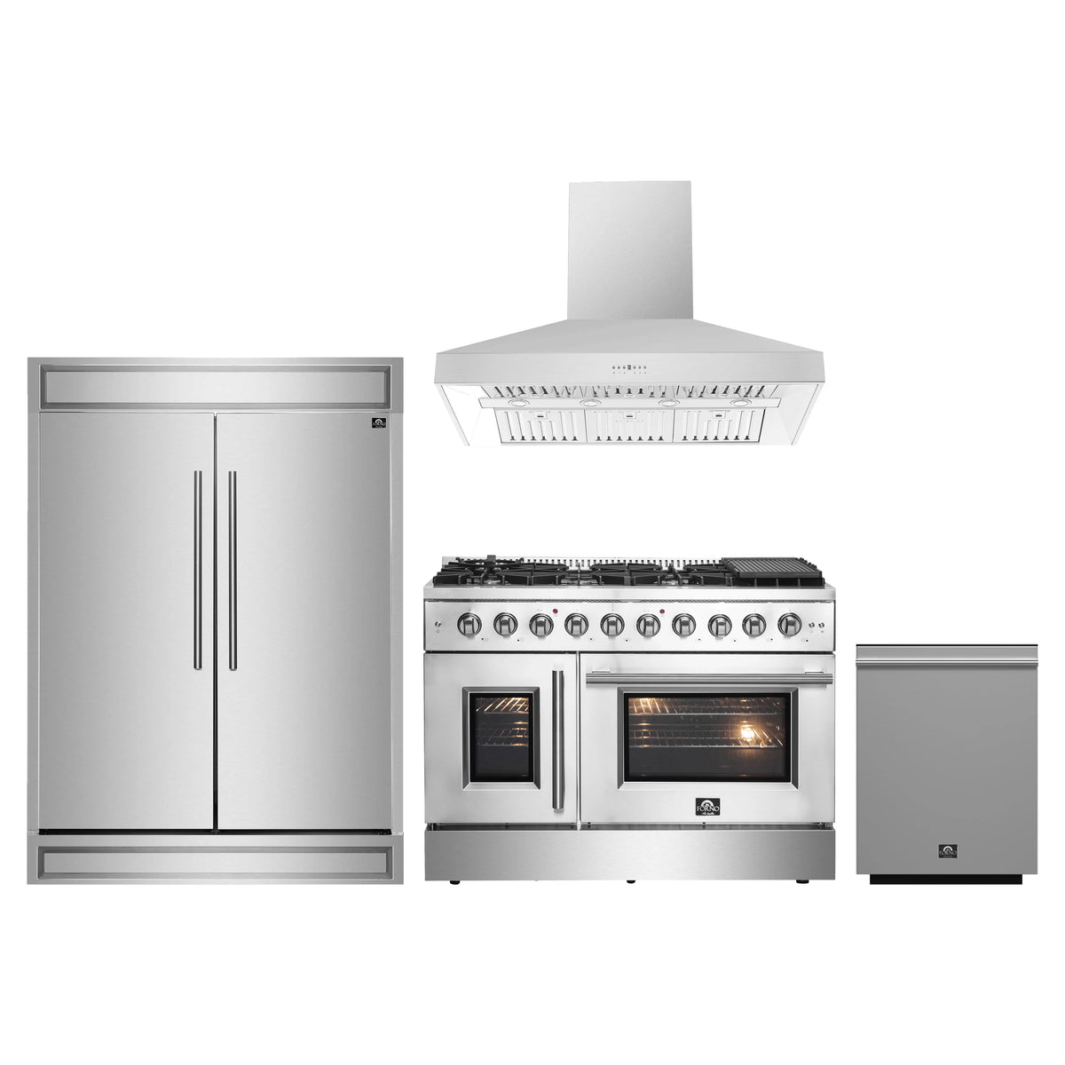 Forno 4-Piece Appliance Package - 48-Inch Galiano French Door Gas Range, Wall Mount Range Hood, 60-Inch Refrigerator, and Dishwasher in Stainless Steel