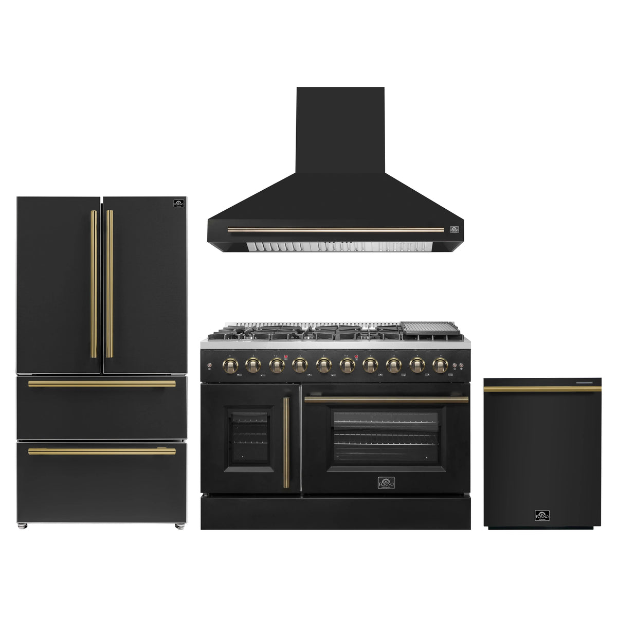 Forno 4-Piece Appliance Package - 48-Inch Galiano French Door Gas Range, Wall Mount Range Hood, 36-Inch Refrigerator, and Dishwasher in Black with Antique Brass Trim