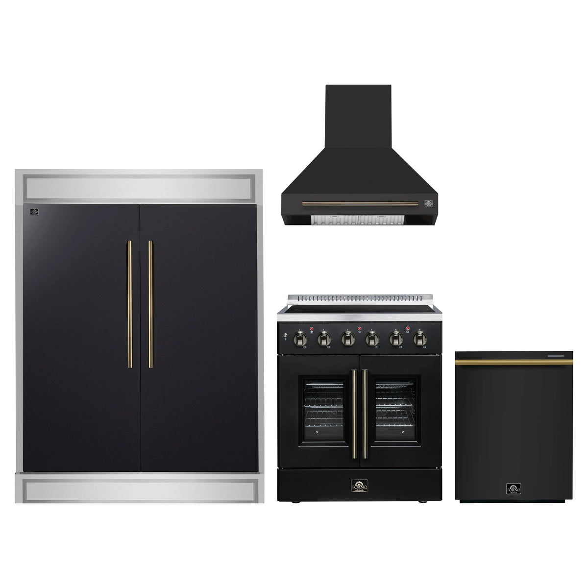 Forno 4-Piece Appliance Package - 30-Inch Galiano French Door Electric Range, Wall Mount Range Hood, 60-Inch Refrigerator, and Dishwasher in Black with Antique Brass Trim