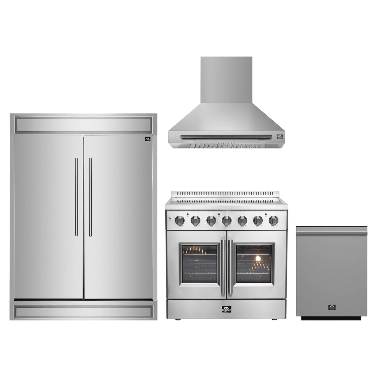Forno 4-Piece Appliance Package - 36-Inch Galiano French Door Electric Range, Wall Mount Range Hood, 60-Inch Refrigerator, and Dishwasher in Stainless Steel