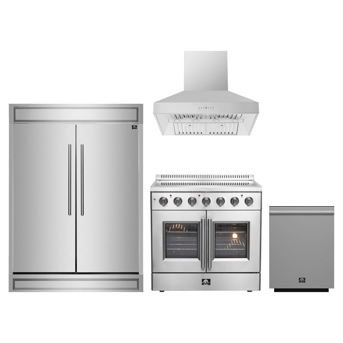 Forno 4-Piece Appliance Package - 36-Inch Galiano French Door Electric Range, Wall Mount Range Hood, 60-Inch Refrigerator, and Dishwasher in Stainless Steel