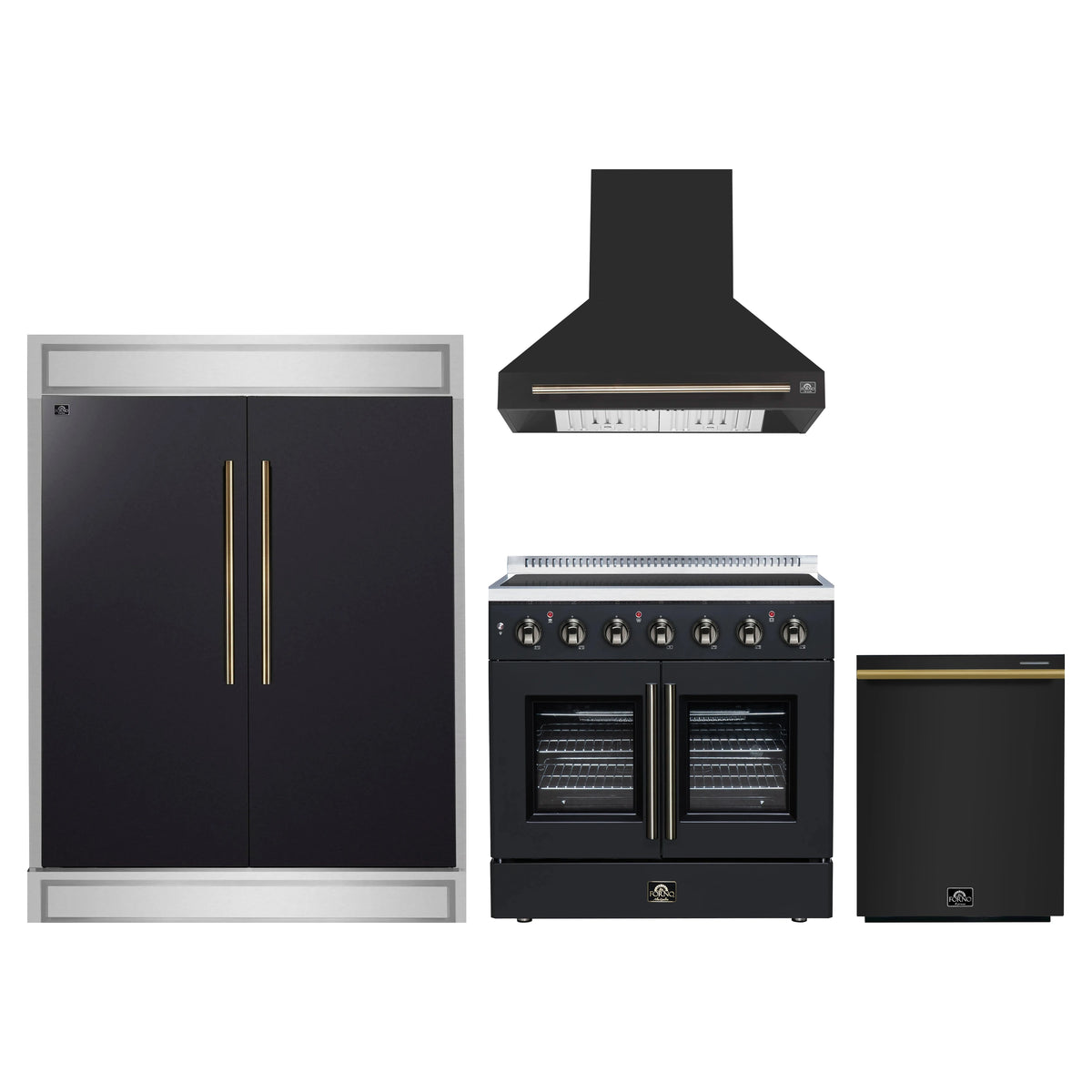 Forno 4-Piece Appliance Package - 36-Inch Galiano French Door Electric Range, Wall Mount Range Hood, 60-Inch Refrigerator, and Dishwasher in Black with Antique Brass Trim