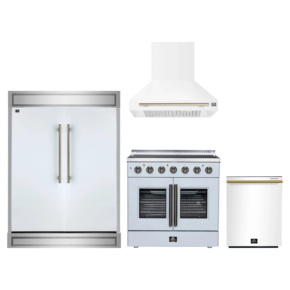 Forno 4-Piece Appliance Package - 36-Inch Galiano French Door Electric Range, Wall Mount Range Hood, 60-Inch Refrigerator, and Dishwasher in White with Antique Brass Trim
