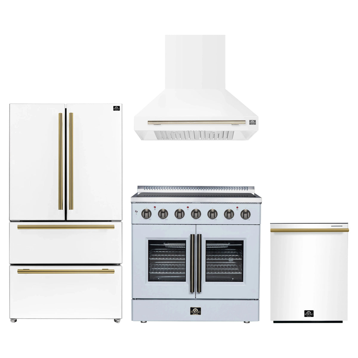 Forno 4-Piece Appliance Package - 36-Inch Galiano French Door Electric Range, Wall Mount Range Hood, 36-Inch Refrigerator, and Dishwasher in White with Antique Brass Trim