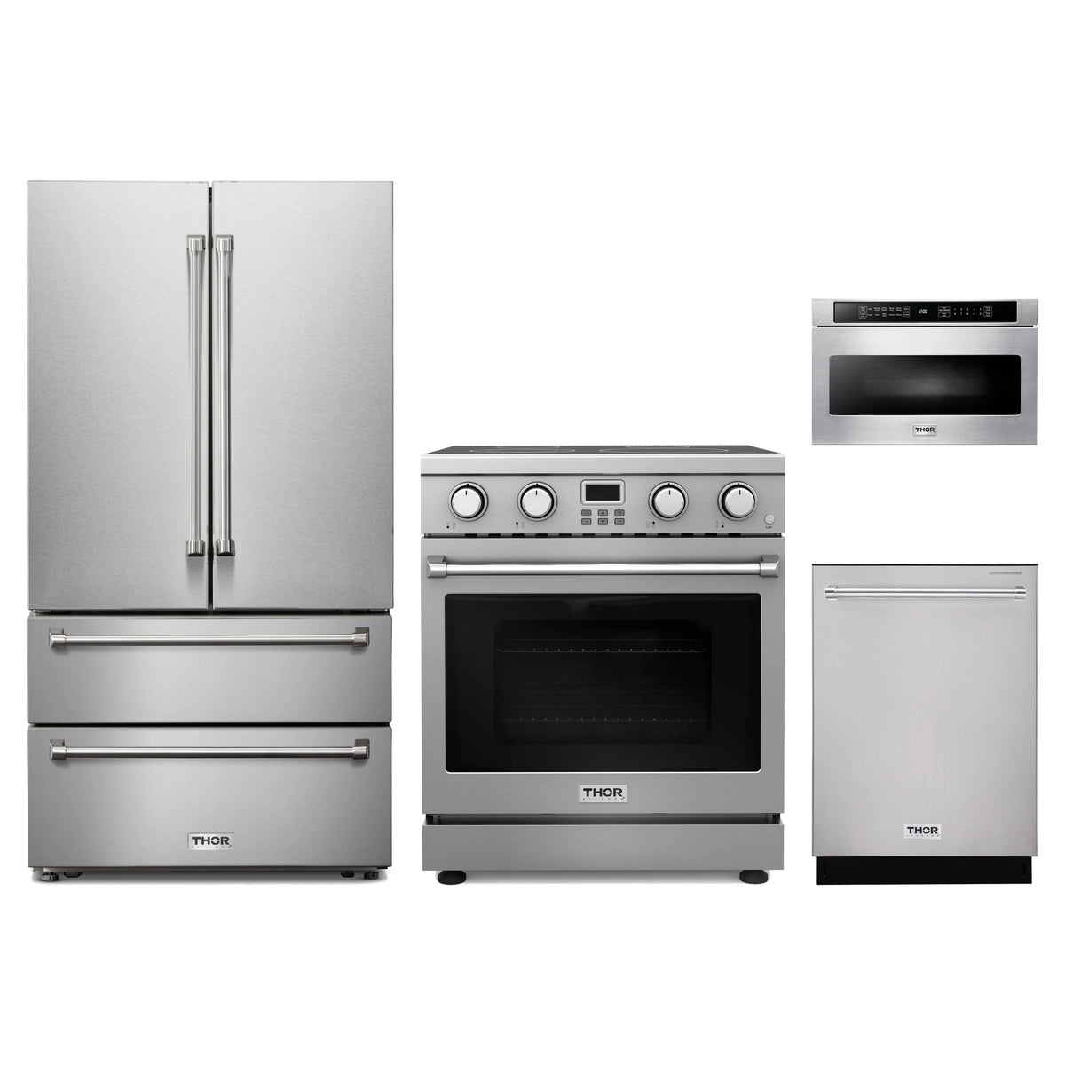 Thor Kitchen 4-Piece Appliance Package - 30-Inch Electric Range, French Door Refrigerator, Dishwasher, & Microwave Drawer in Stainless Steel