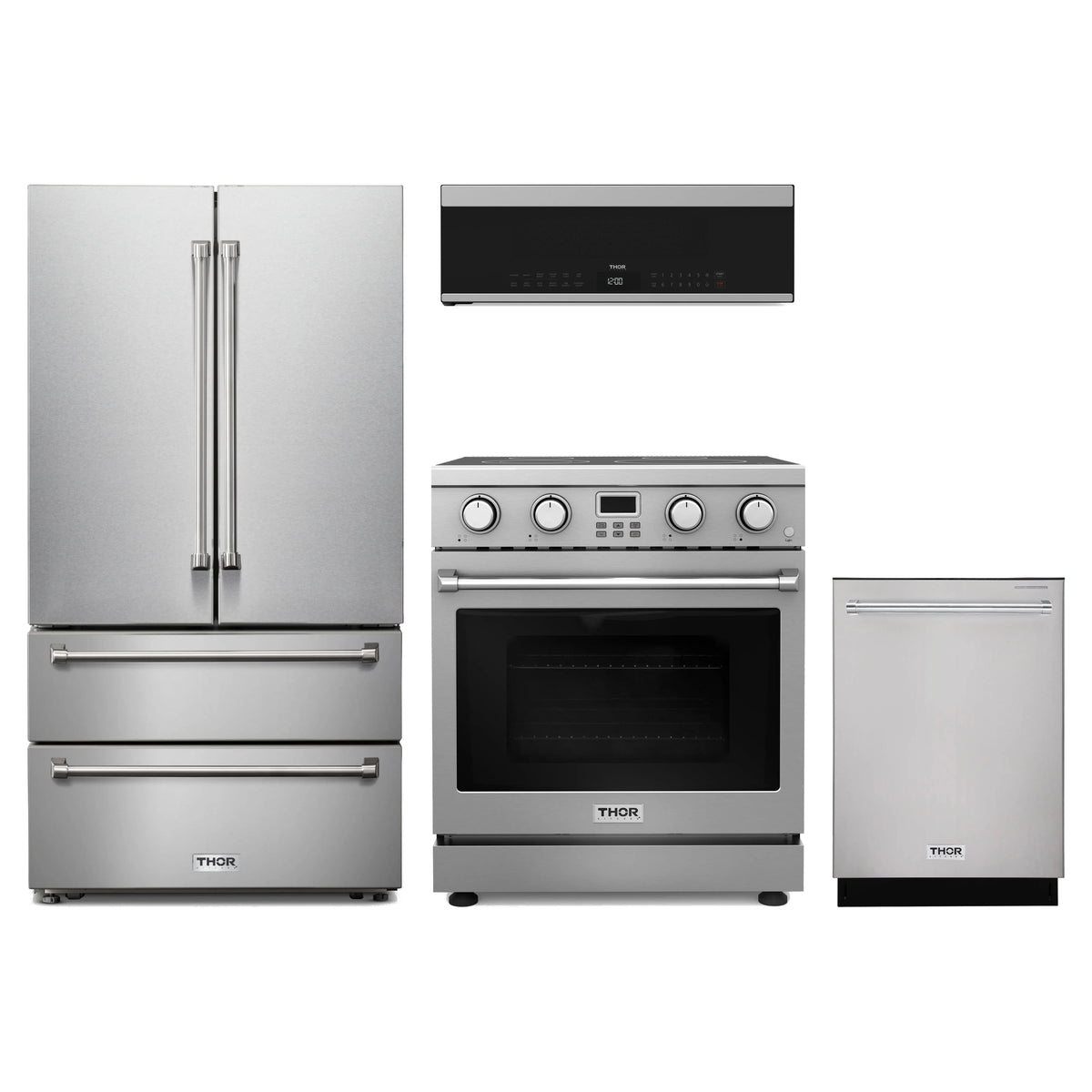Thor Kitchen 4-Piece Appliance Package - 30-Inch Electric Range, French Door Refrigerator, Dishwasher, & Over-the-Range Microwave in Stainless Steel