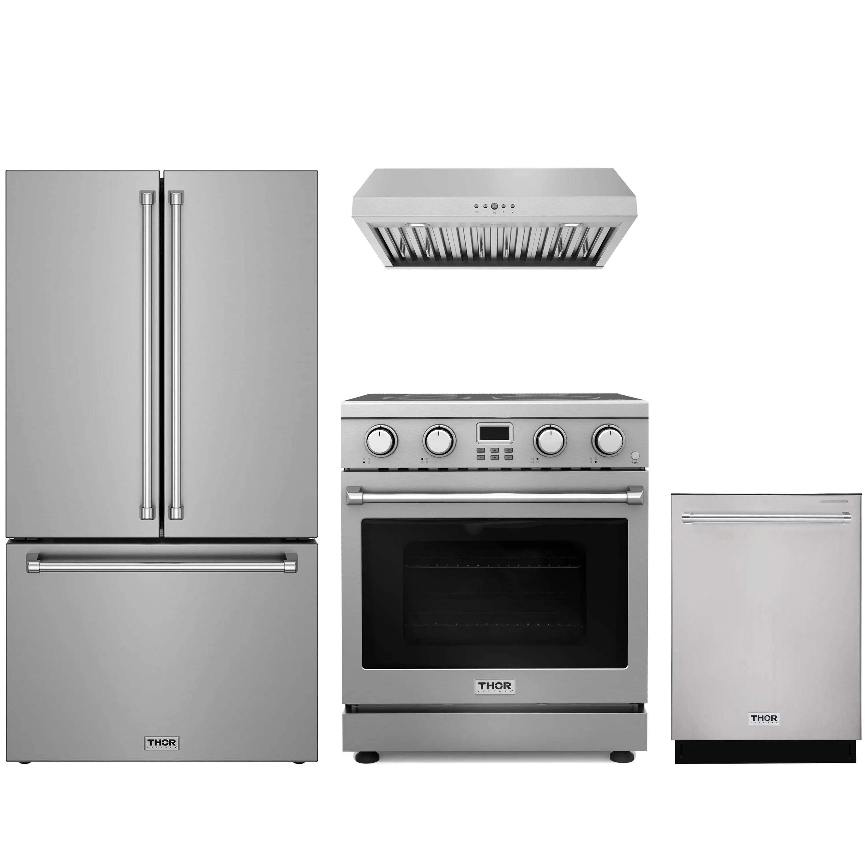 Stainless steel appliance package with refrigerator, electric range, hood, and dishwasher