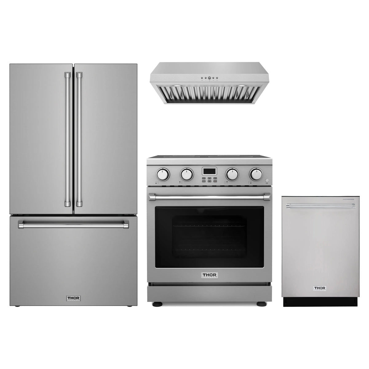Thor Kitchen 4-Piece Appliance Package - 30-Inch Electric Range, Counter-Depth Refrigerator, Under Cabinet Hood, & Dishwasher in Stainless Steel