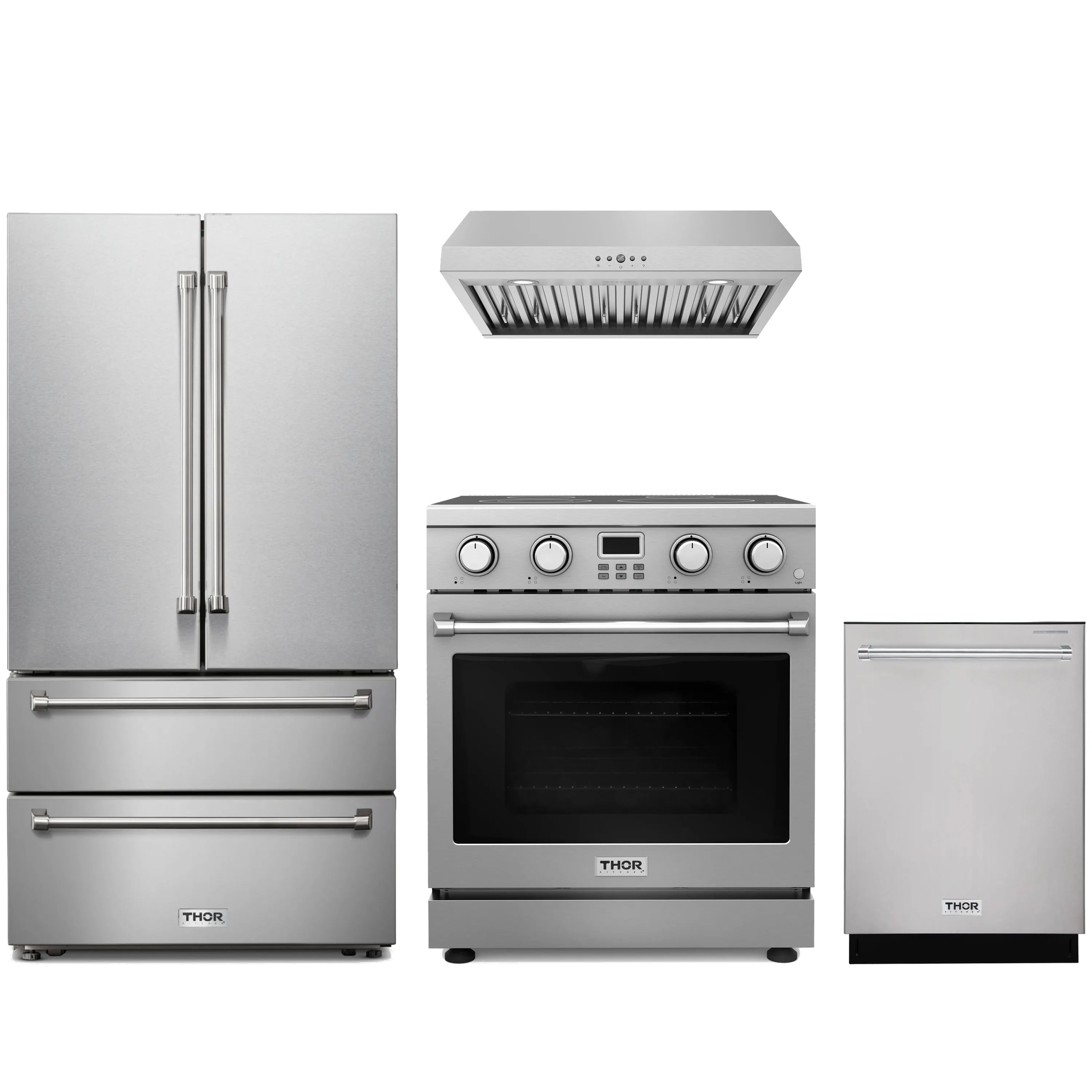 Stainless steel Thor appliance package with range, French-door refrigerator, hood and dishwasher