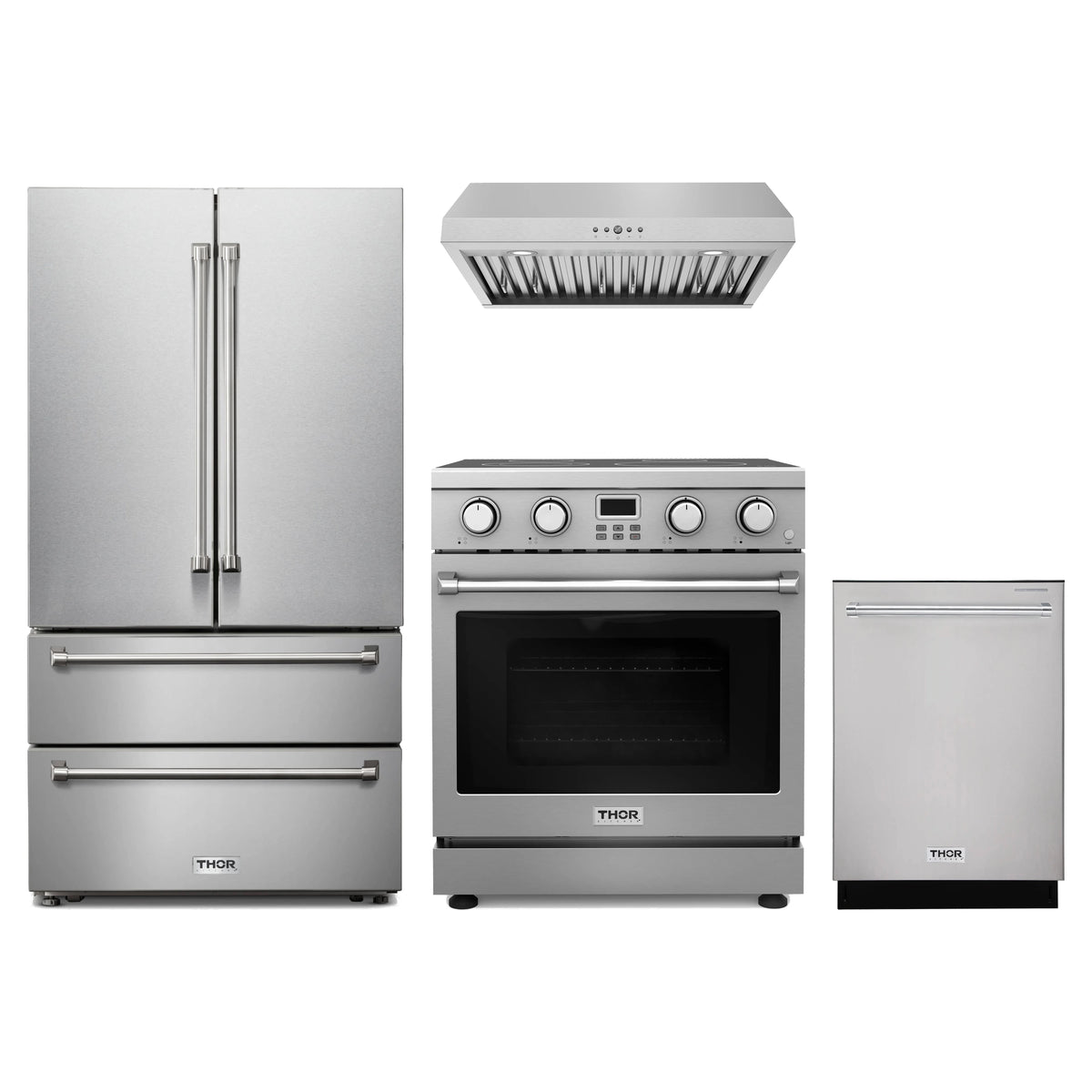 Thor Kitchen 4-Piece Appliance Package - 30-Inch Electric Range, French Door Refrigerator, Under Cabinet Hood, & Dishwasher in Stainless Steel